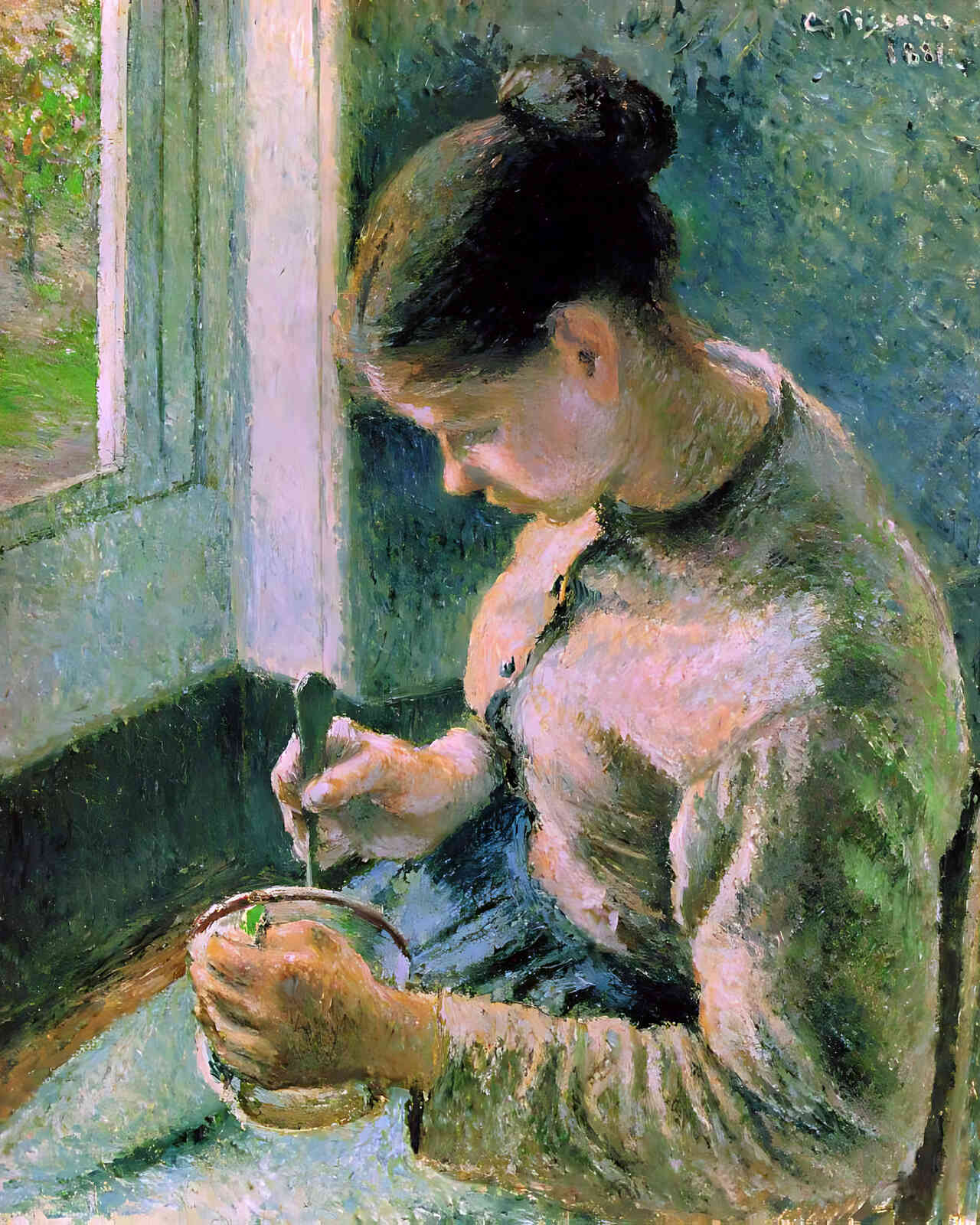 Peasant Girl Drinking Her Coffee Painting by Camille Pissarro 8x10" Art Print