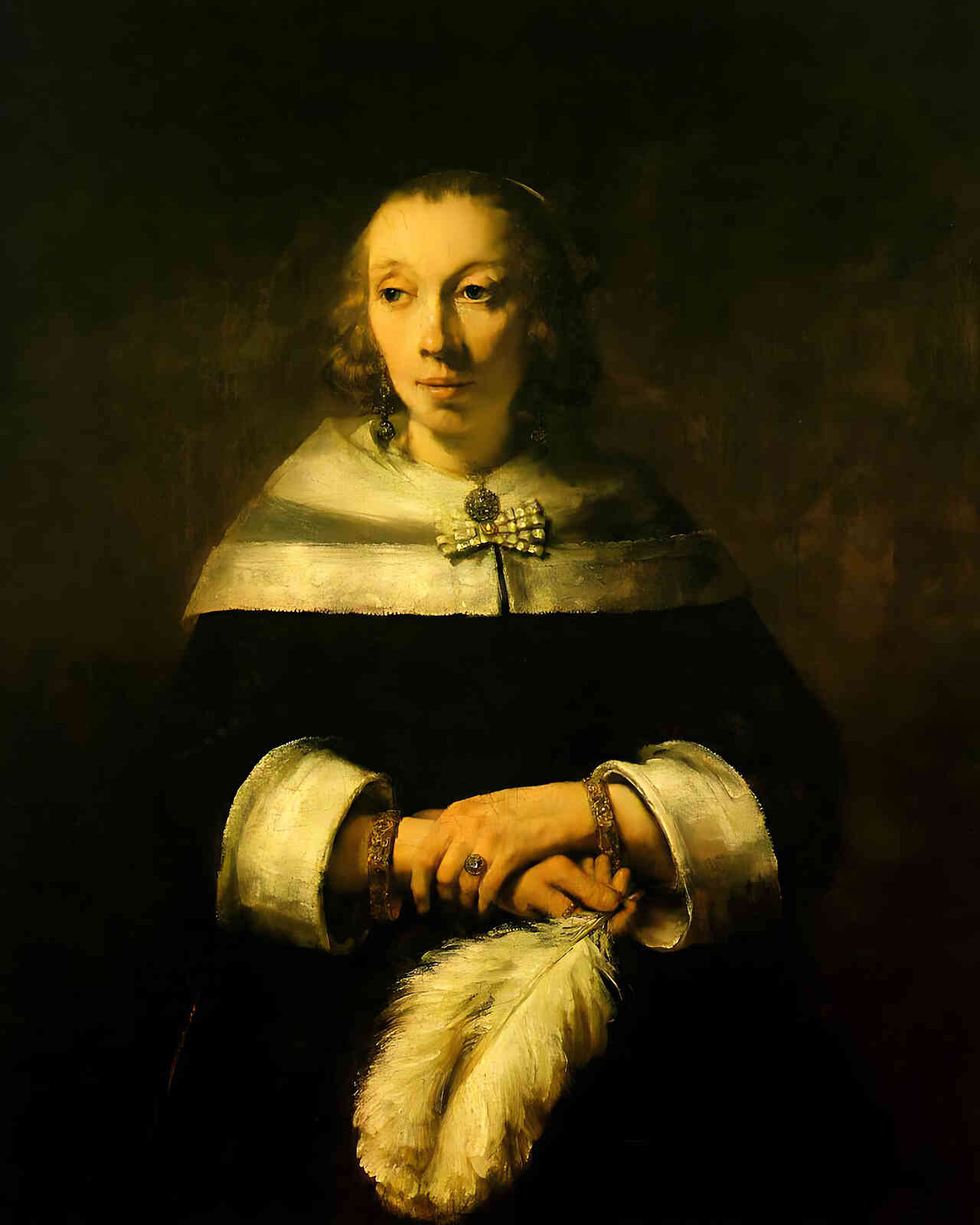 Portrait of a Lady with an Ostrich Feather Fan by Rembrandt 8x10" Art Print