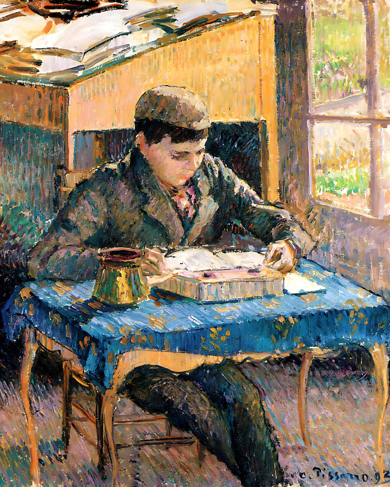 Portrait of Rodo Reading Painting by Camille Pissarro 8x10" Art Print - Restored