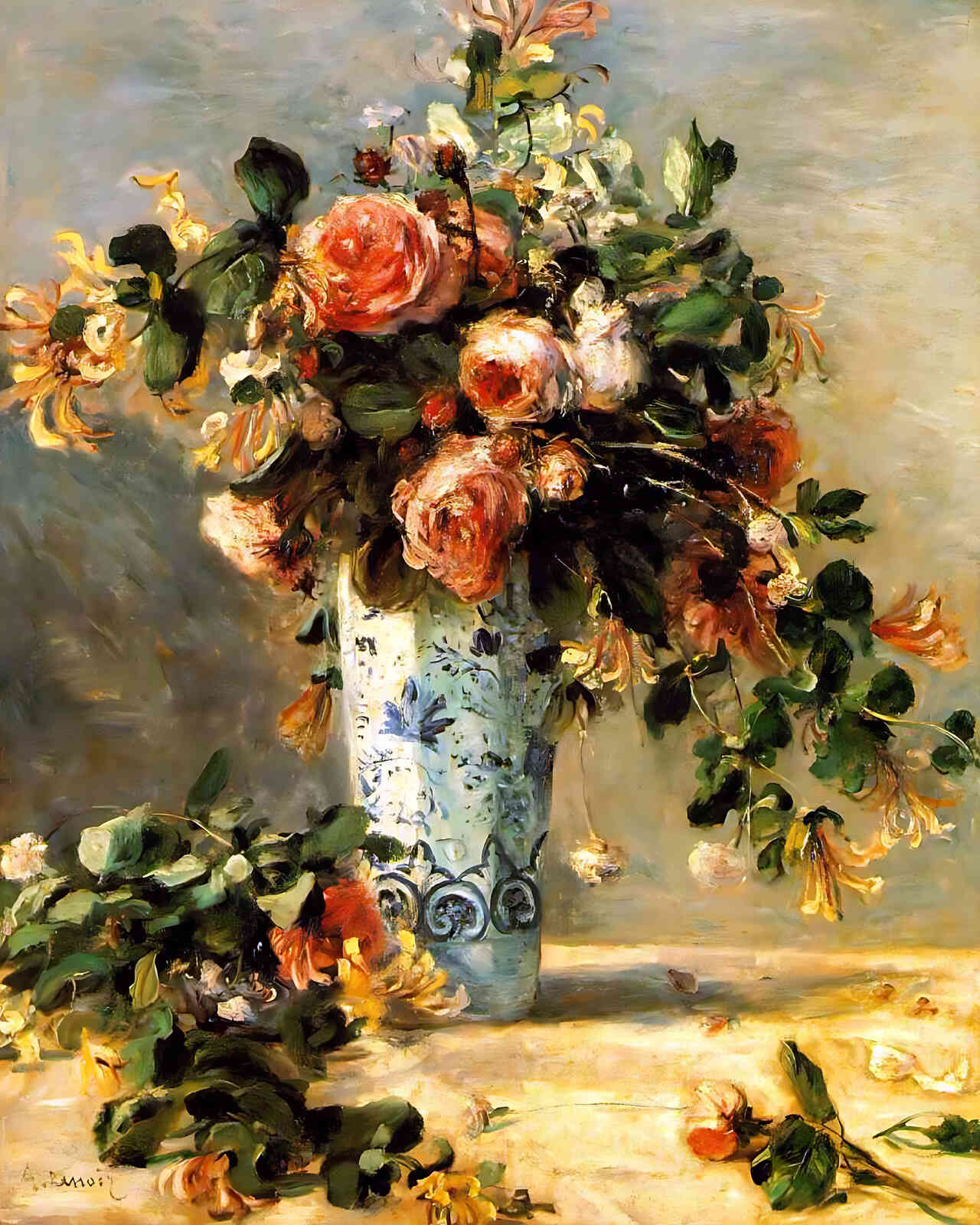 Roses and Jasmine in a Delft Vase by Pierre-Auguste Renoir 8x10" Art Print