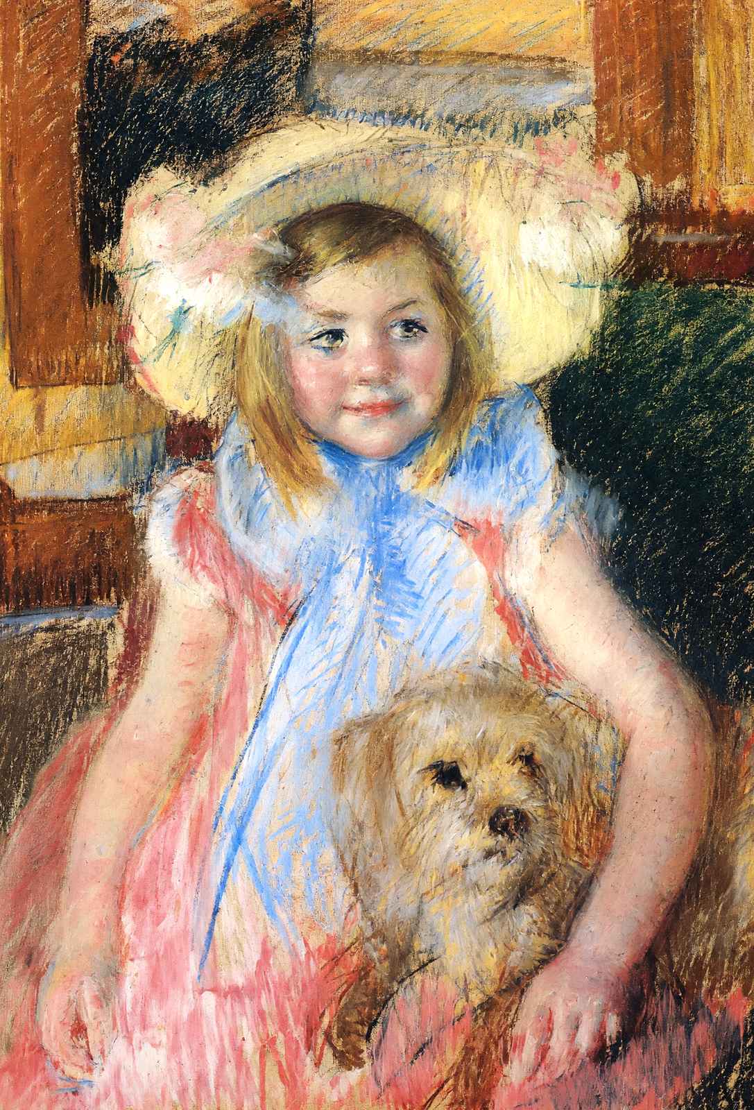 Sara in a Large Flowered Hat Looking Right Holding Her Dog 1902 Print (6 Sizes)
