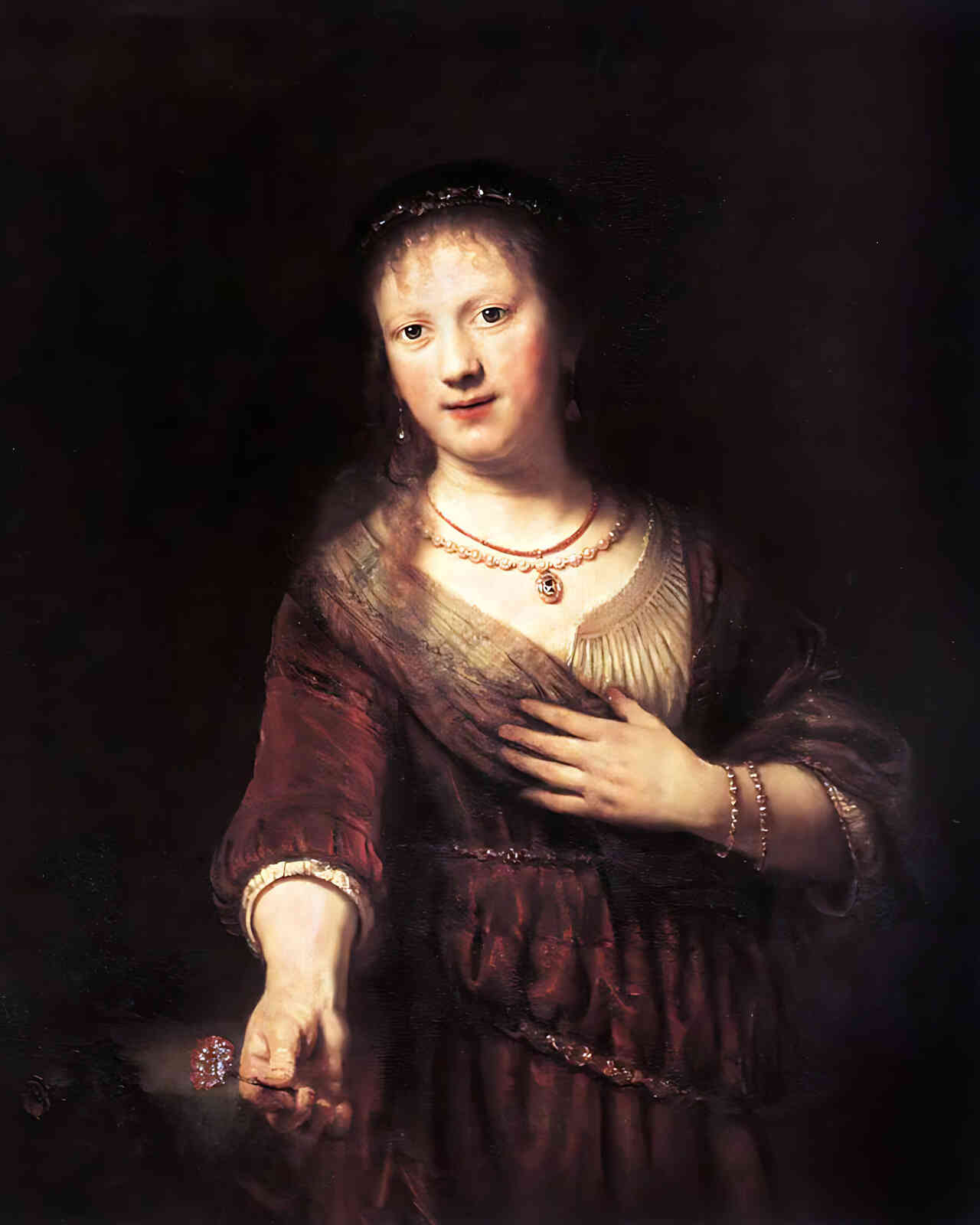 Saskia with a Red Flower Painting by Rembrandt 8x10" Art Print - Acid Free