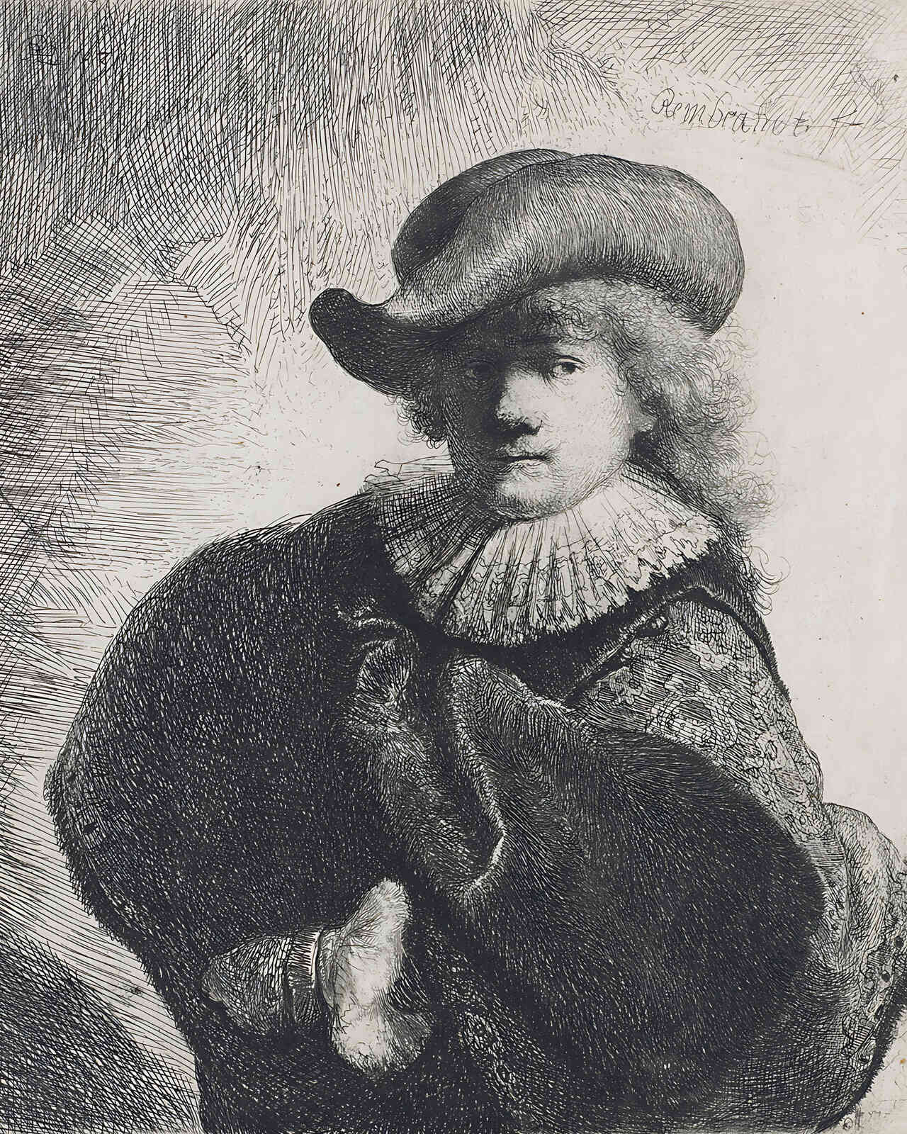 Self-Portrait in a Soft Hat and Embroidered Cloak by Rembrandt 8x10" Art Print