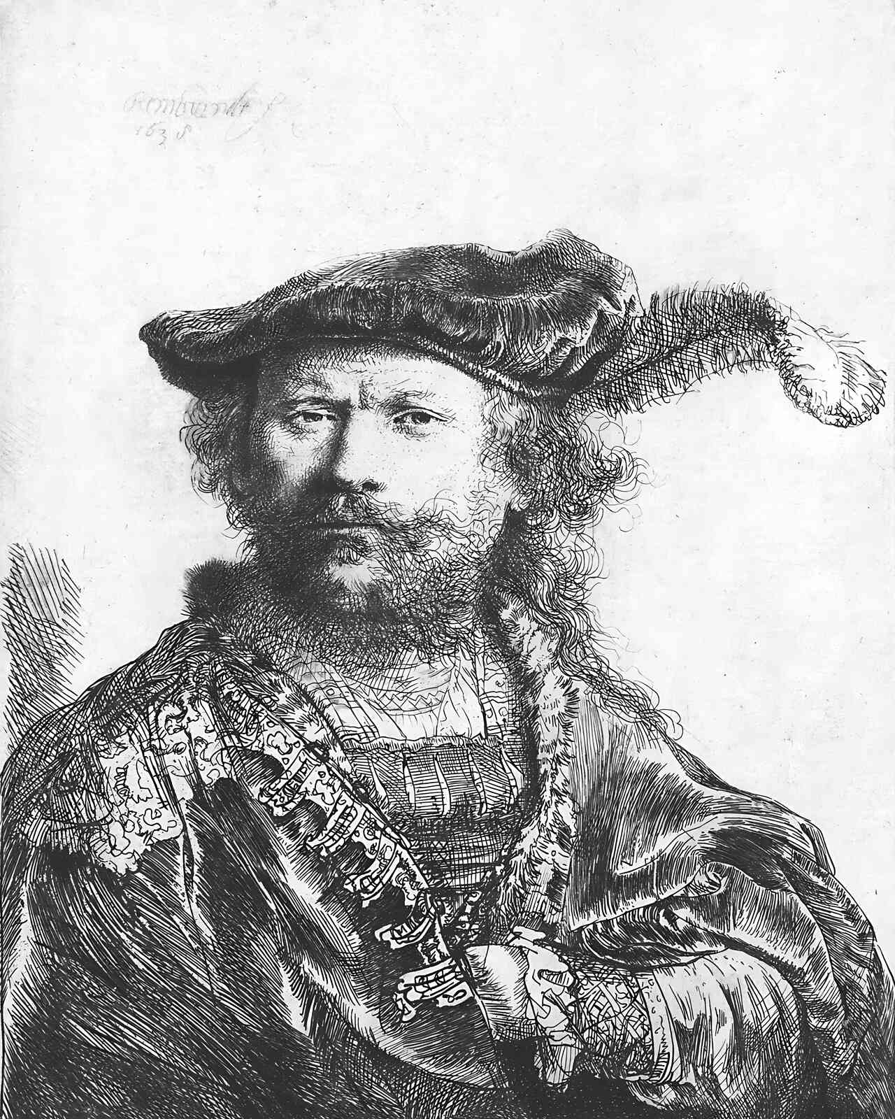 Self-Portrait in Velvet Cap and Plume Painting by Rembrandt 8x10" Art Print