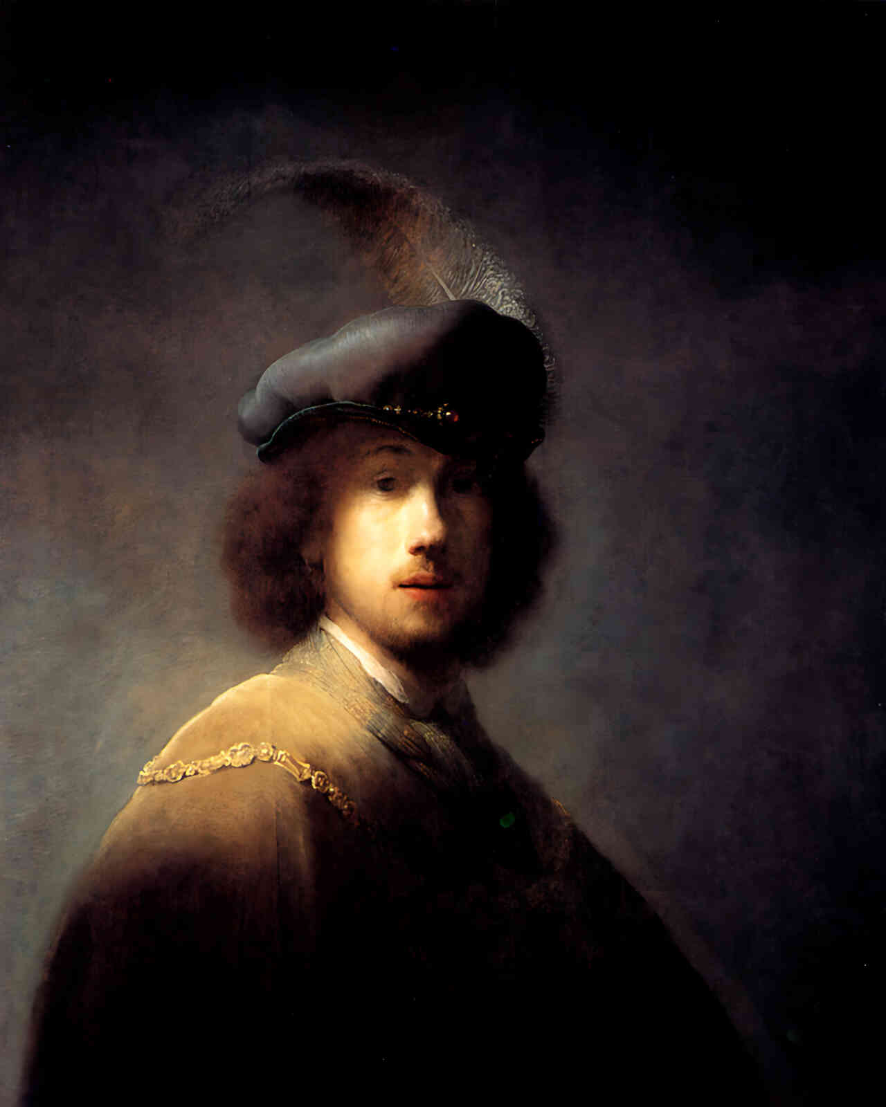 Self-Portrait in a Plumed Hat Painting by Rembrandt 8x10" Art Print - Restored