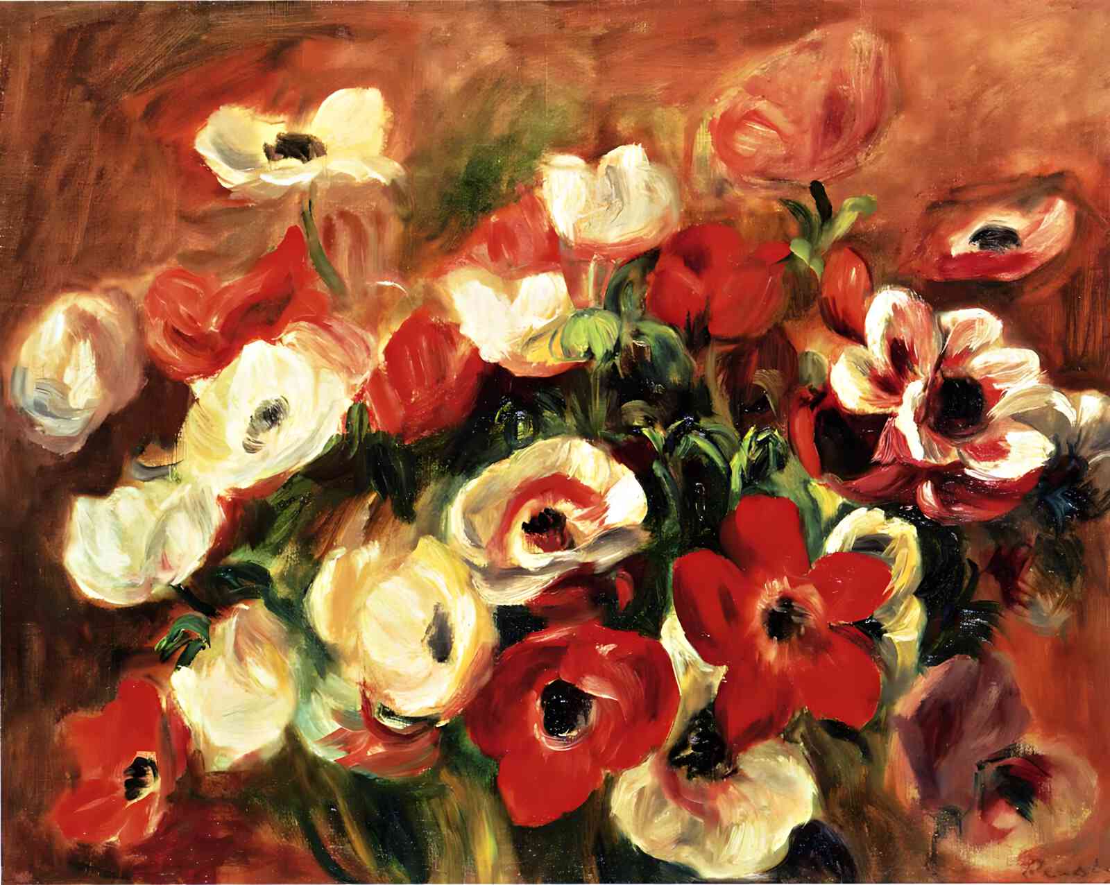 Spray of Anemones Painting by Pierre-Auguste Renoir 8x10" Art Print - Restored
