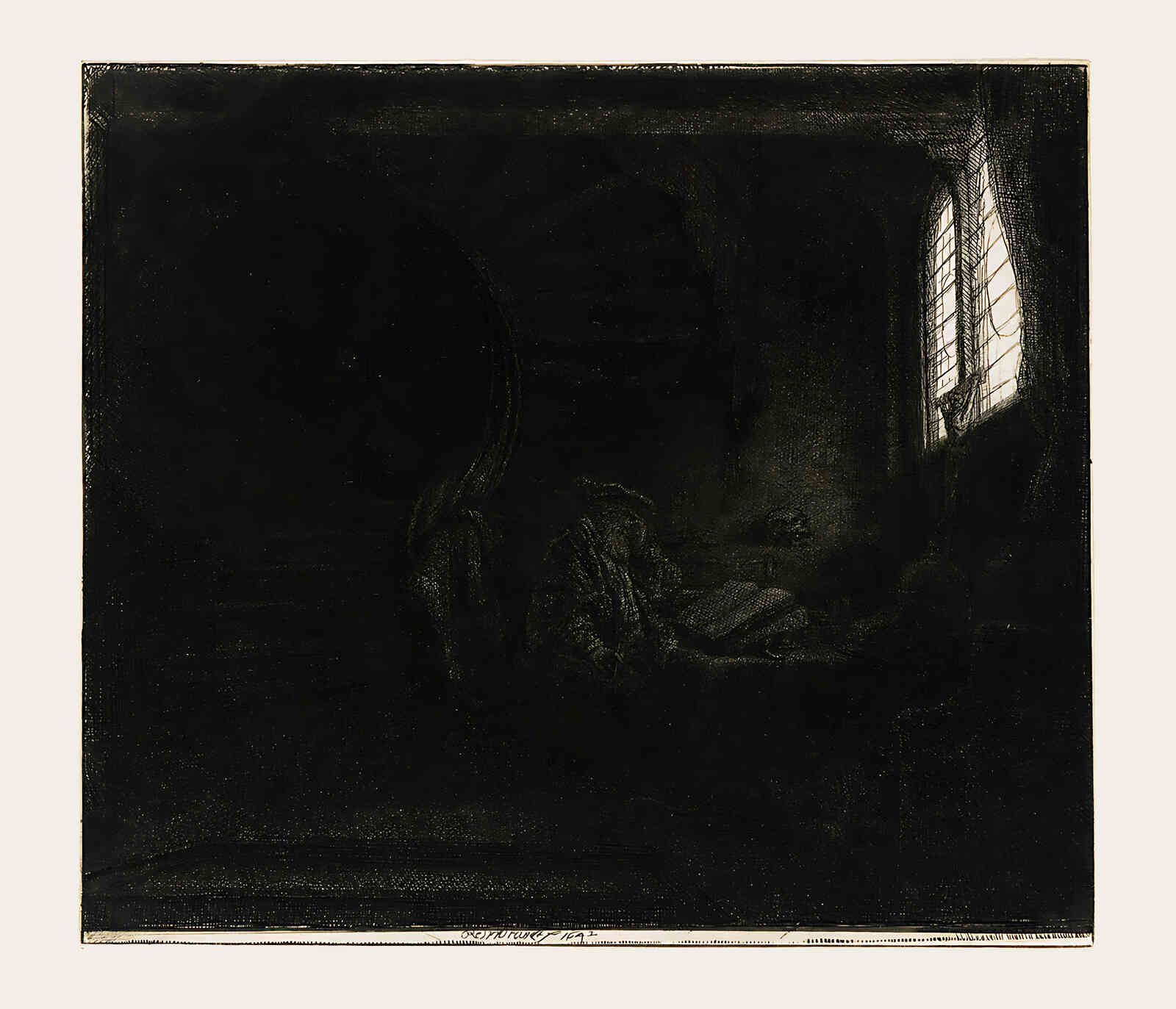 St. Jerome in a Dark Chamber Painting by Rembrandt 8x10" Art Print - Restored