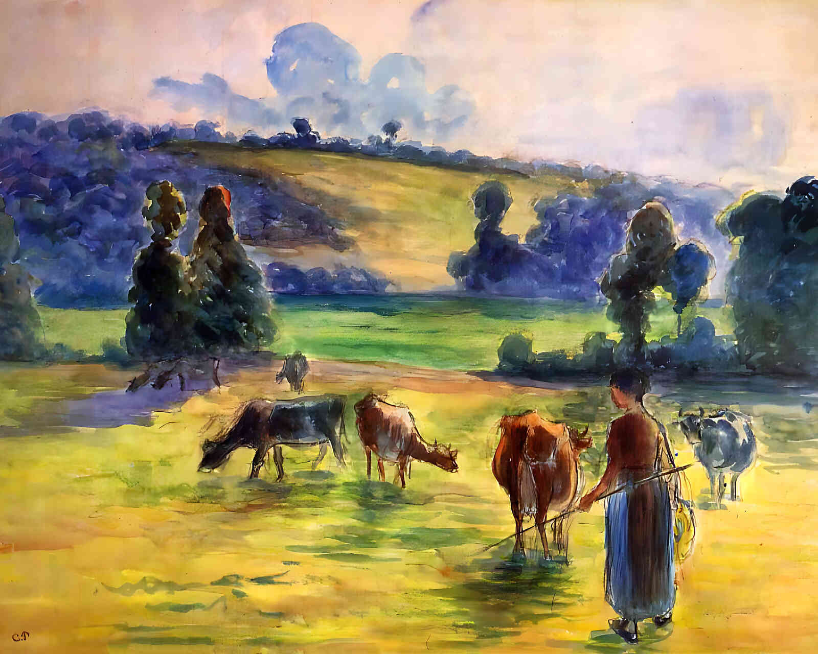 Study for 'Cowherd at Eragny' Painting by Camille Pissarro 8x10" Art Print