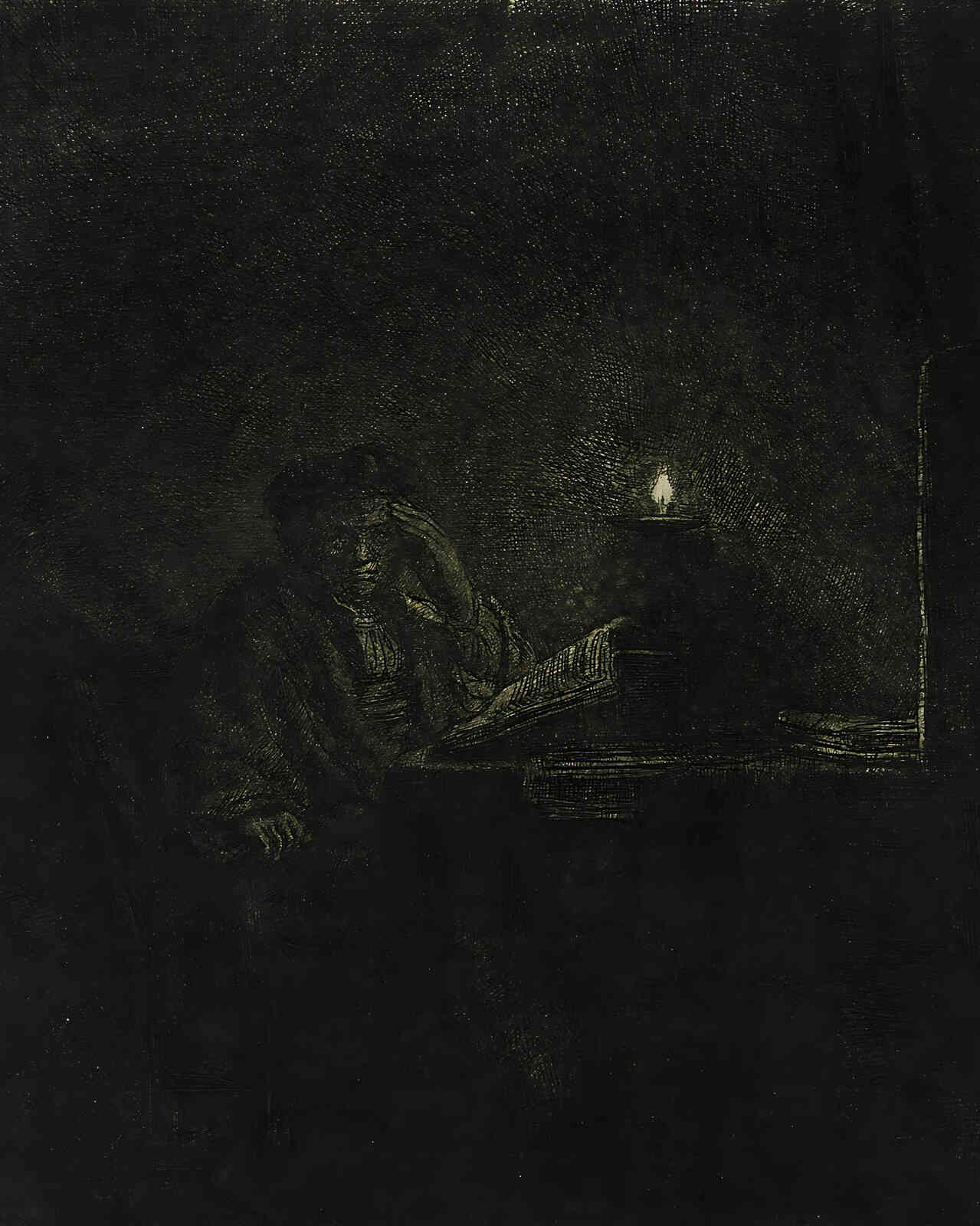 Student at a Table by Candlelight Painting by Rembrandt 8x10" Art Print