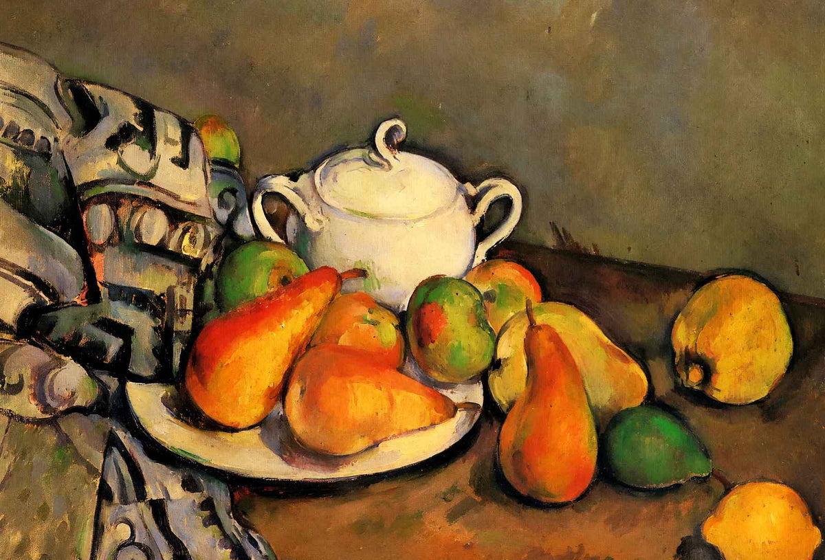 Sugarbowl, Pears and Tablecloth Art Print 1894 by Paul Cezanne (6 Sizes)