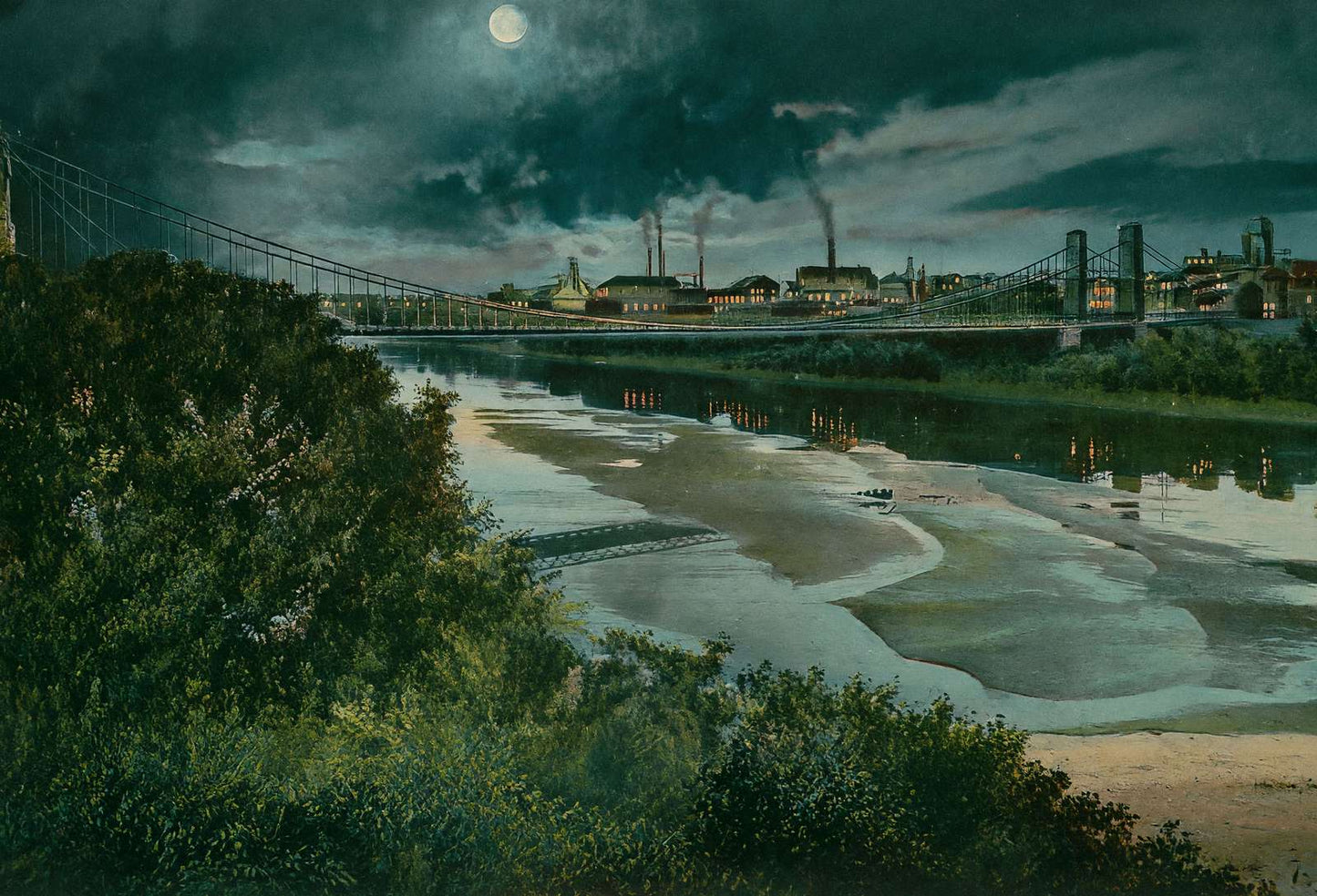 Suspension Bridge Night View Waco in 1905 Vintage Print (7 Sizes) - Retouched
