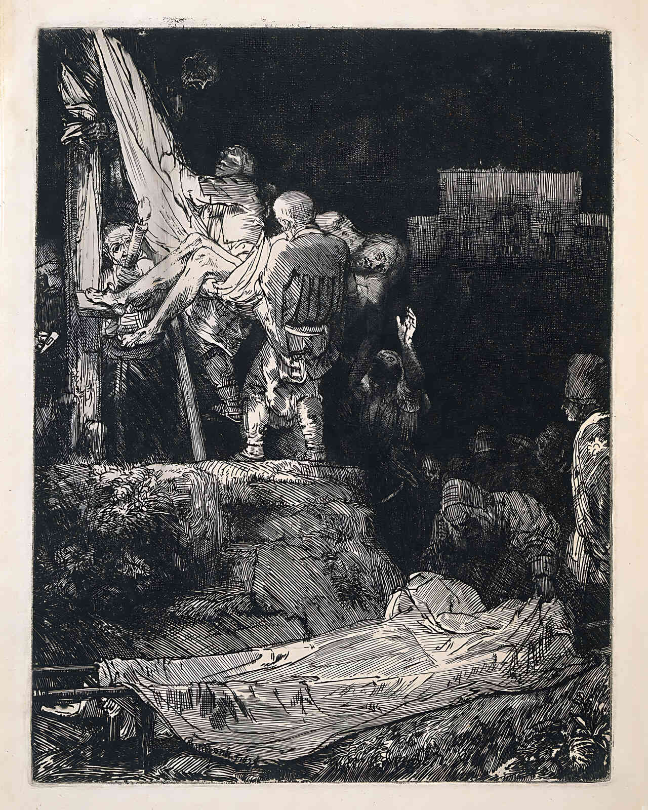 The Descent from the Cross by Torchlight Painting by Rembrandt 8x10" Art Print