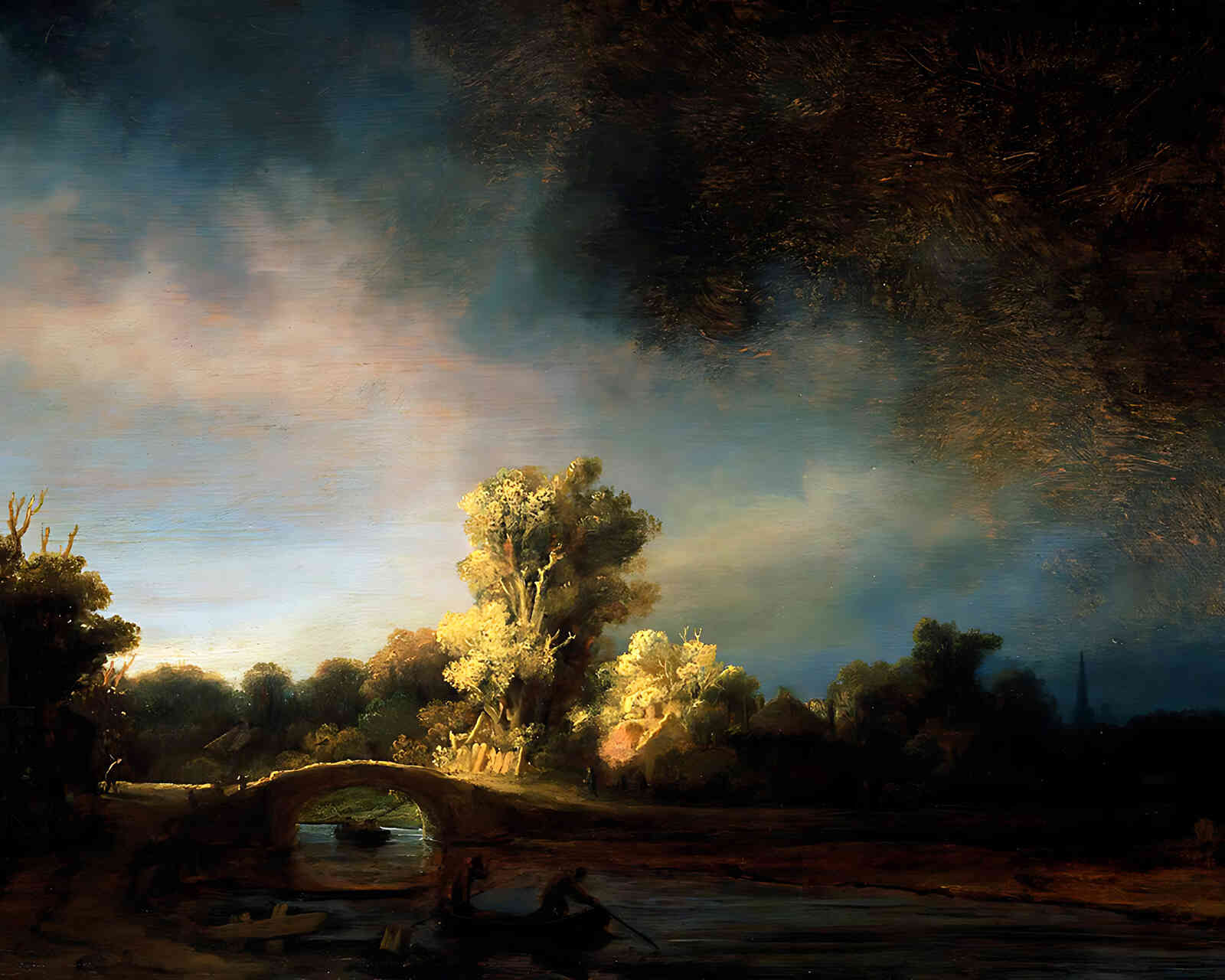 The Stone Bridge Painting by Rembrandt 8x10" Art Print (Restored Reproduction)