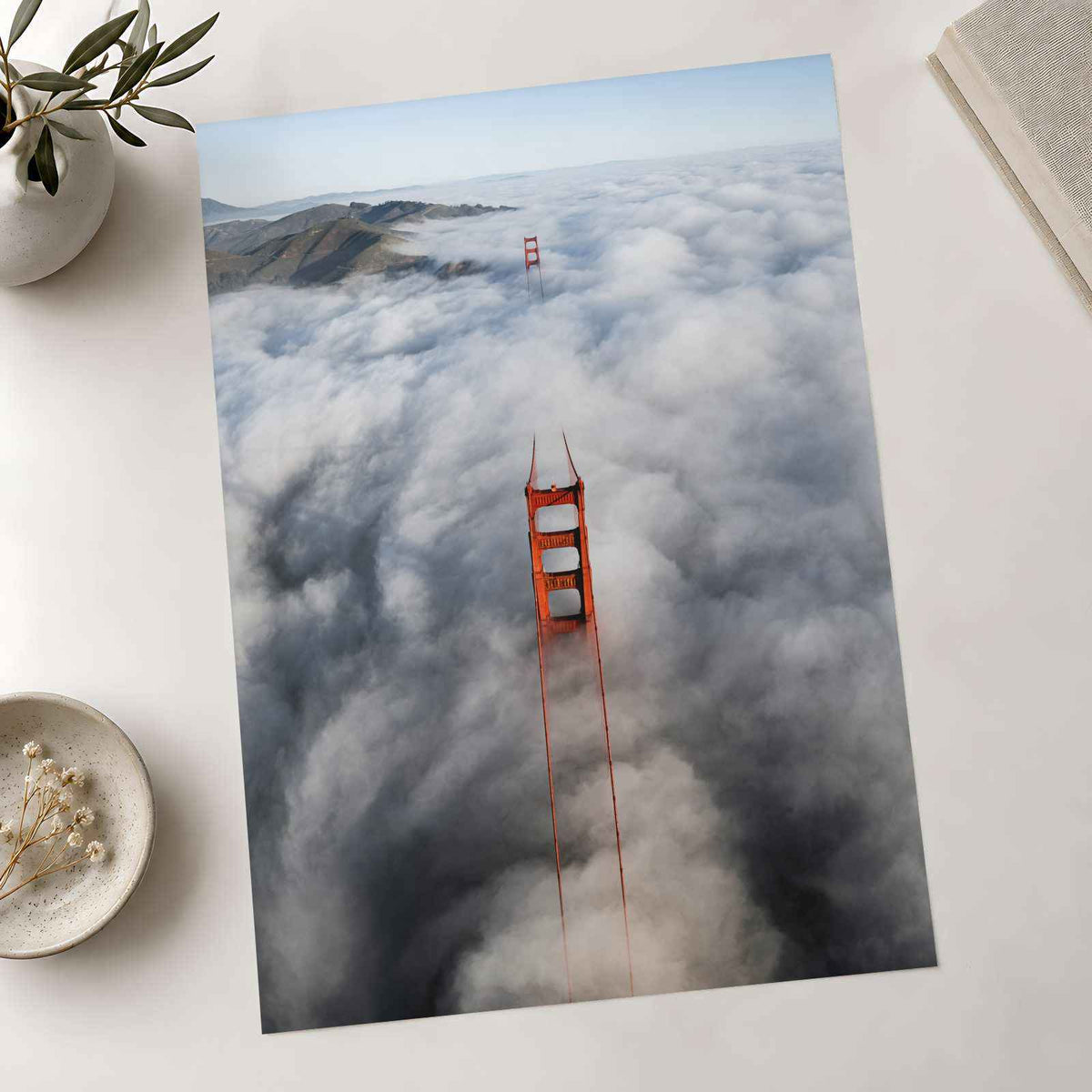 An Aerial View of the Golden Gate Bridge in the Clouds Photo Wall Art (7 Sizes)