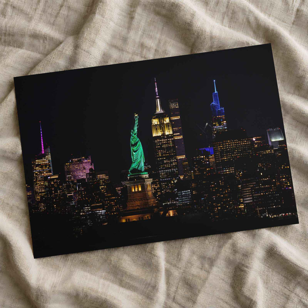 Statue of Liberty and New York Skyline at Night Photography Print (7 Sizes)