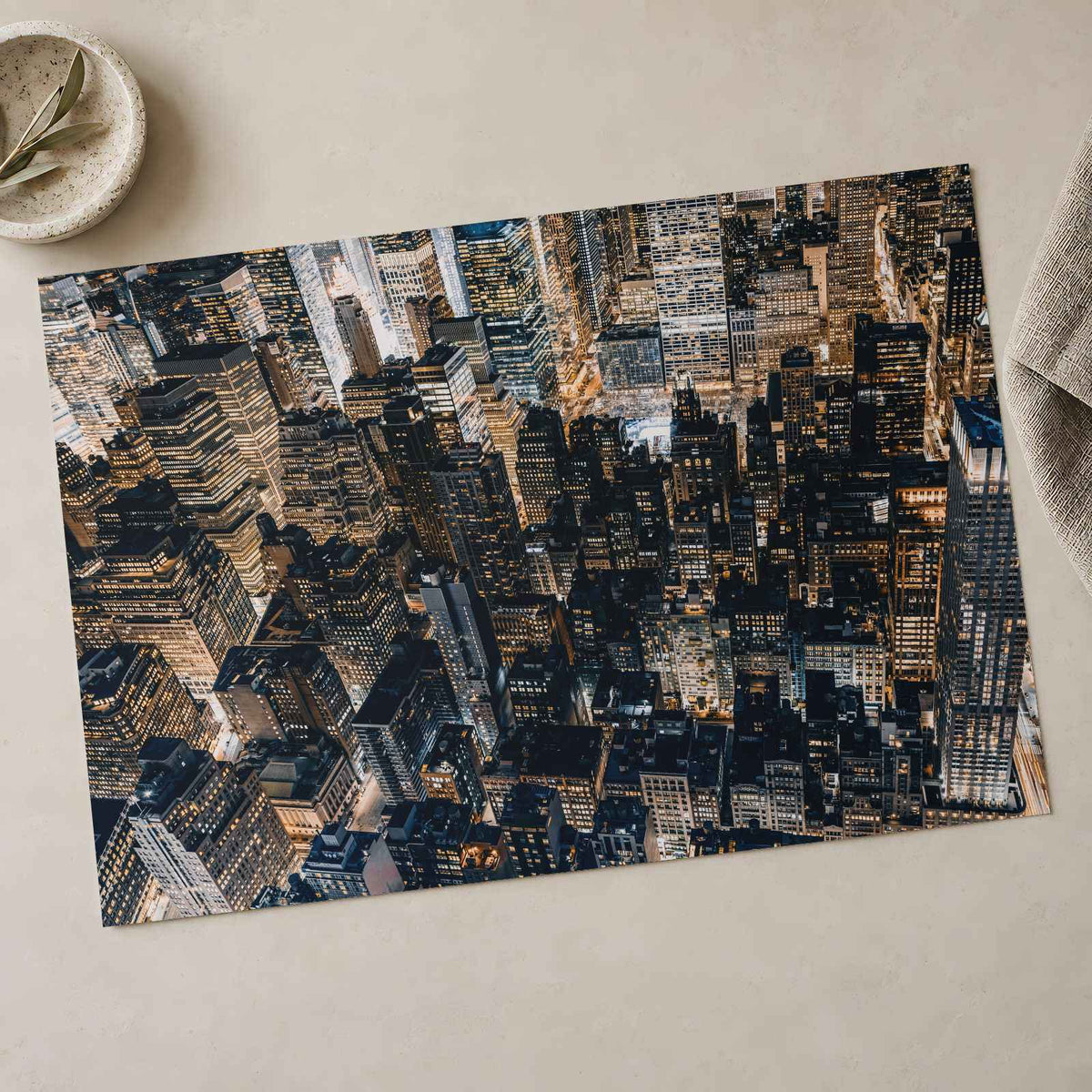 Aerial View of Buildings in Manhattan at Night Photo Wall Art (7 Sizes)