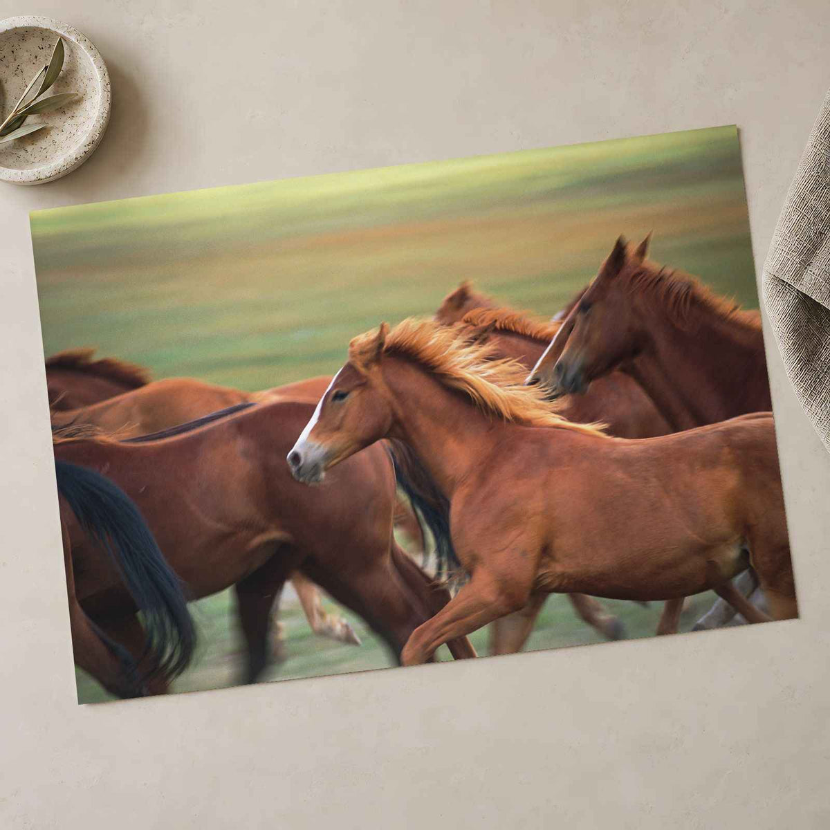 Herd of Brown Horses Running Across a Field Photo Wall Art (7 Sizes) - Frameable