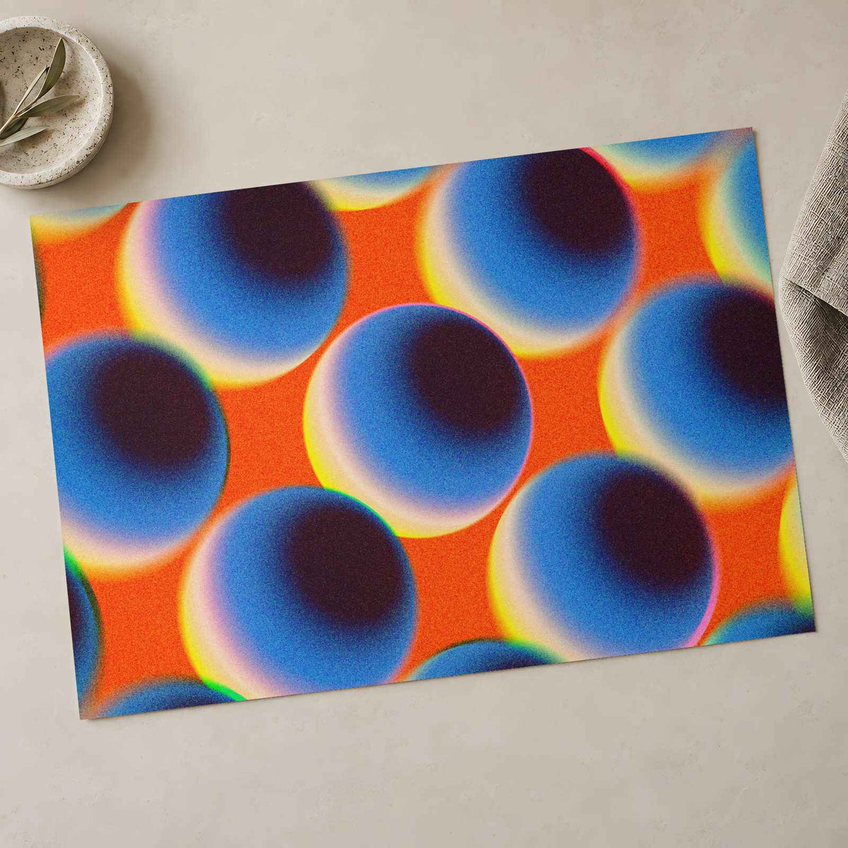 Blue Spheres Against a Vibrant Orange Matte Art Print (7 Sizes) - High Quality
