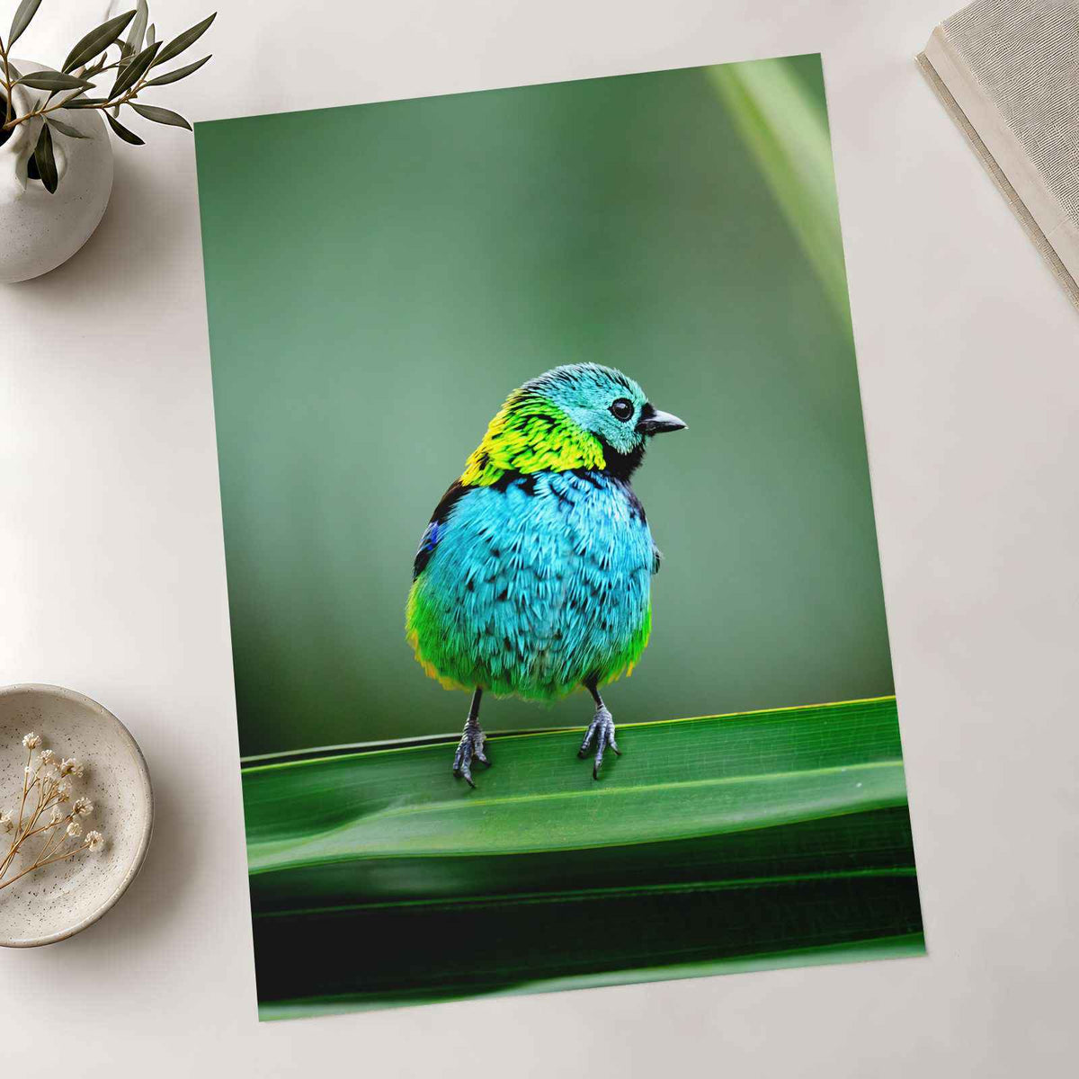 Colorful Bird Perched on Top of Green Leaf Photographic Art Print (7 Sizes)