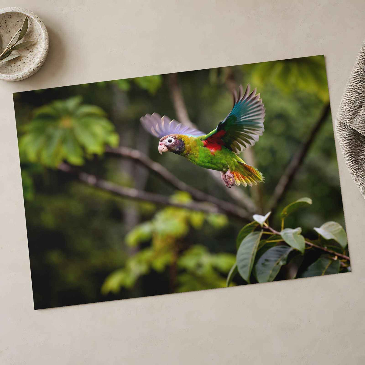 Colorful Parrot Flying Through a Forest Photo Wall Art (7 Sizes) - High Quality