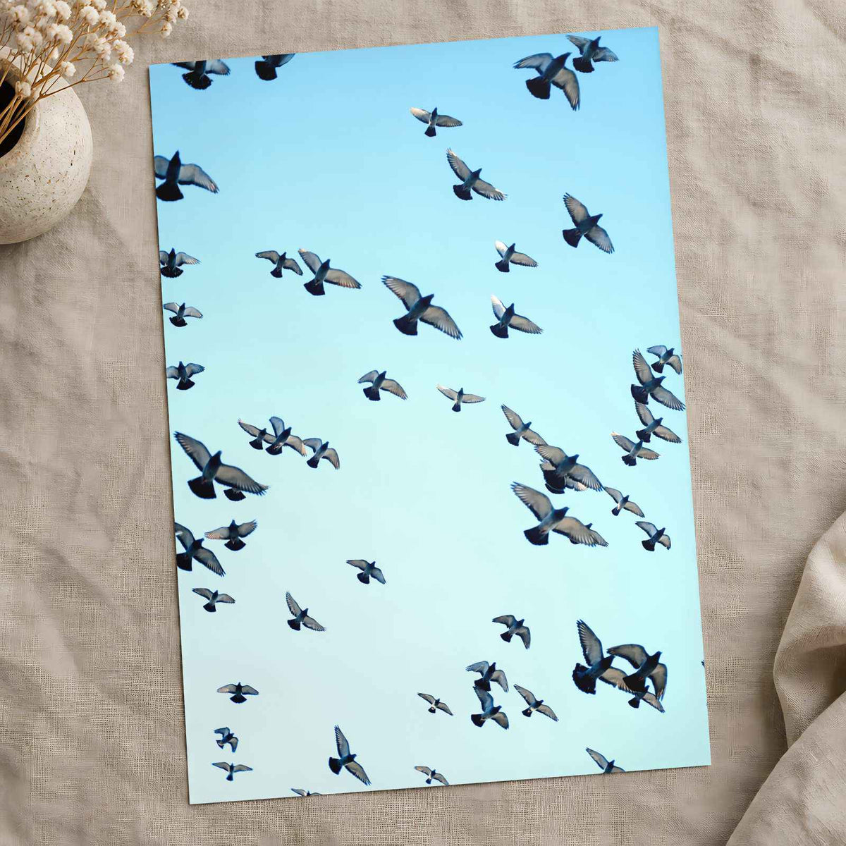 Flock of Pigeons Flying in Clear Blue Sky Photographic Art Print (7 Sizes)