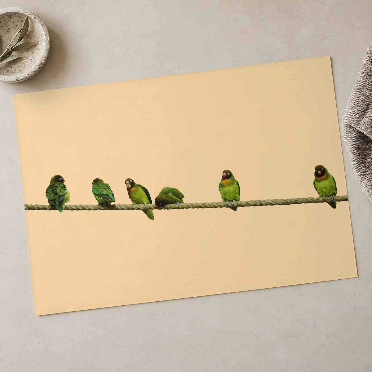 Group of Green Birds Sitting on Wire Ohio Photo Wall Art (7 Sizes)
