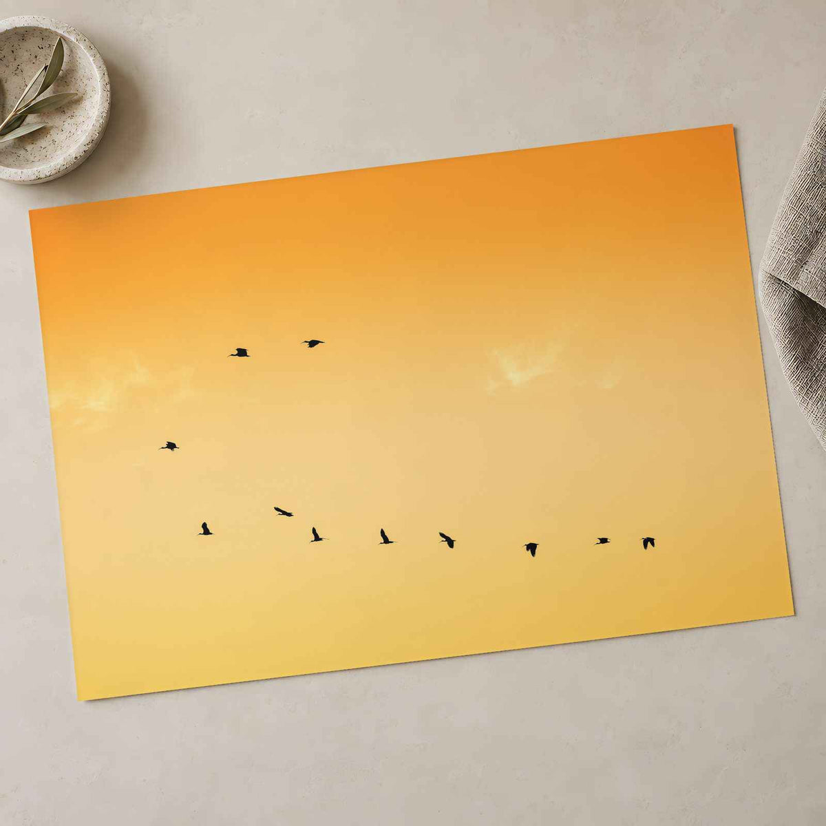 Flock of Birds Flying Across a Sunset Sky Photo Wall Print (7 Sizes) - Frameable