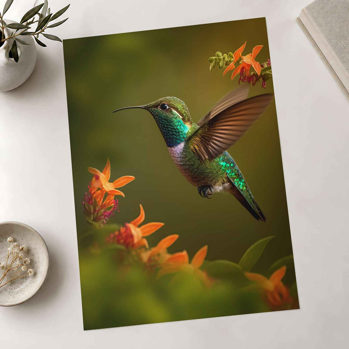 Hummingbird Flying Near Flowers Photo Wall Print (7 Sizes) - Crisp Detail