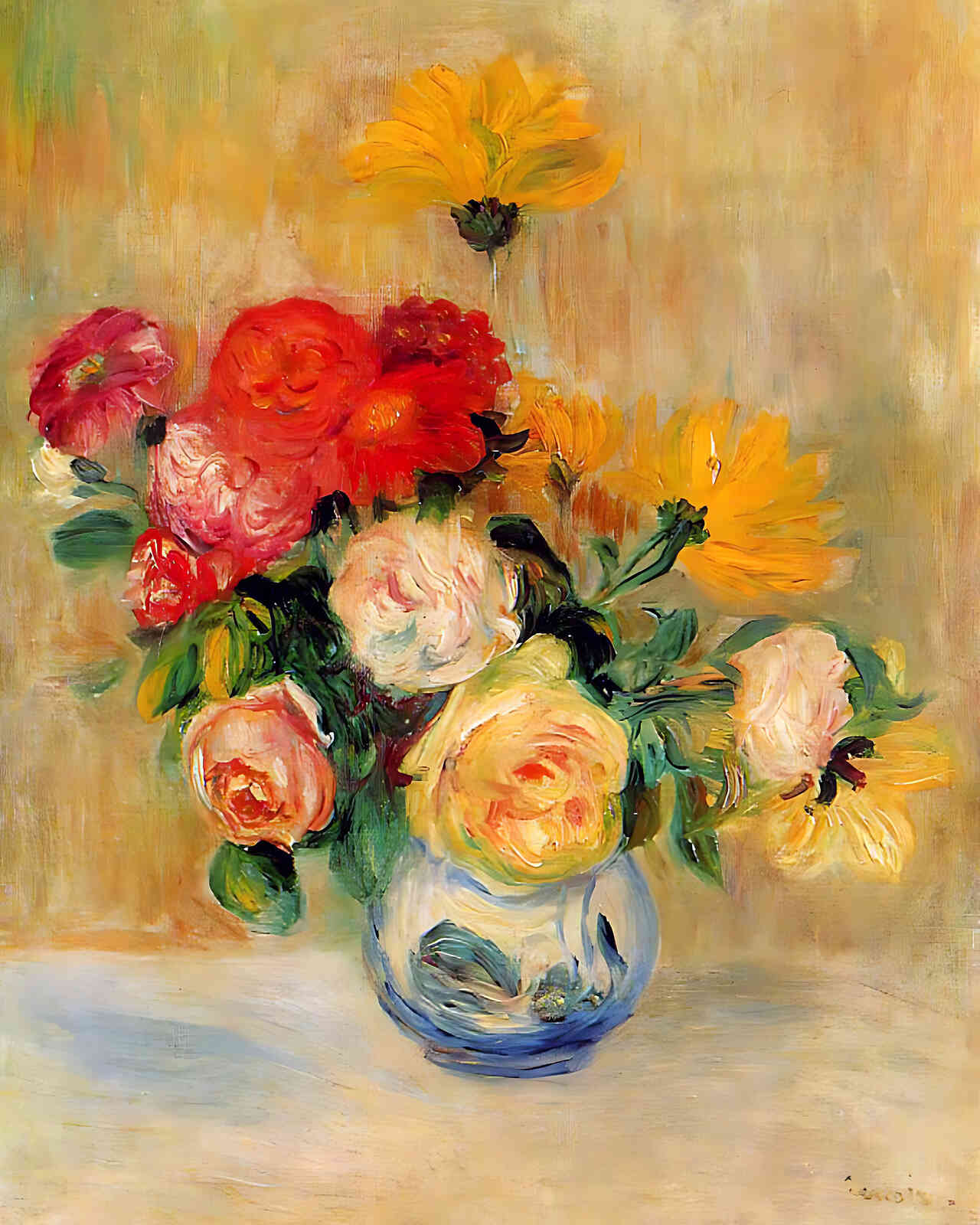 Vase of Roses and Dahlias Painting by Pierre-Auguste Renoir 8x10" Art Print