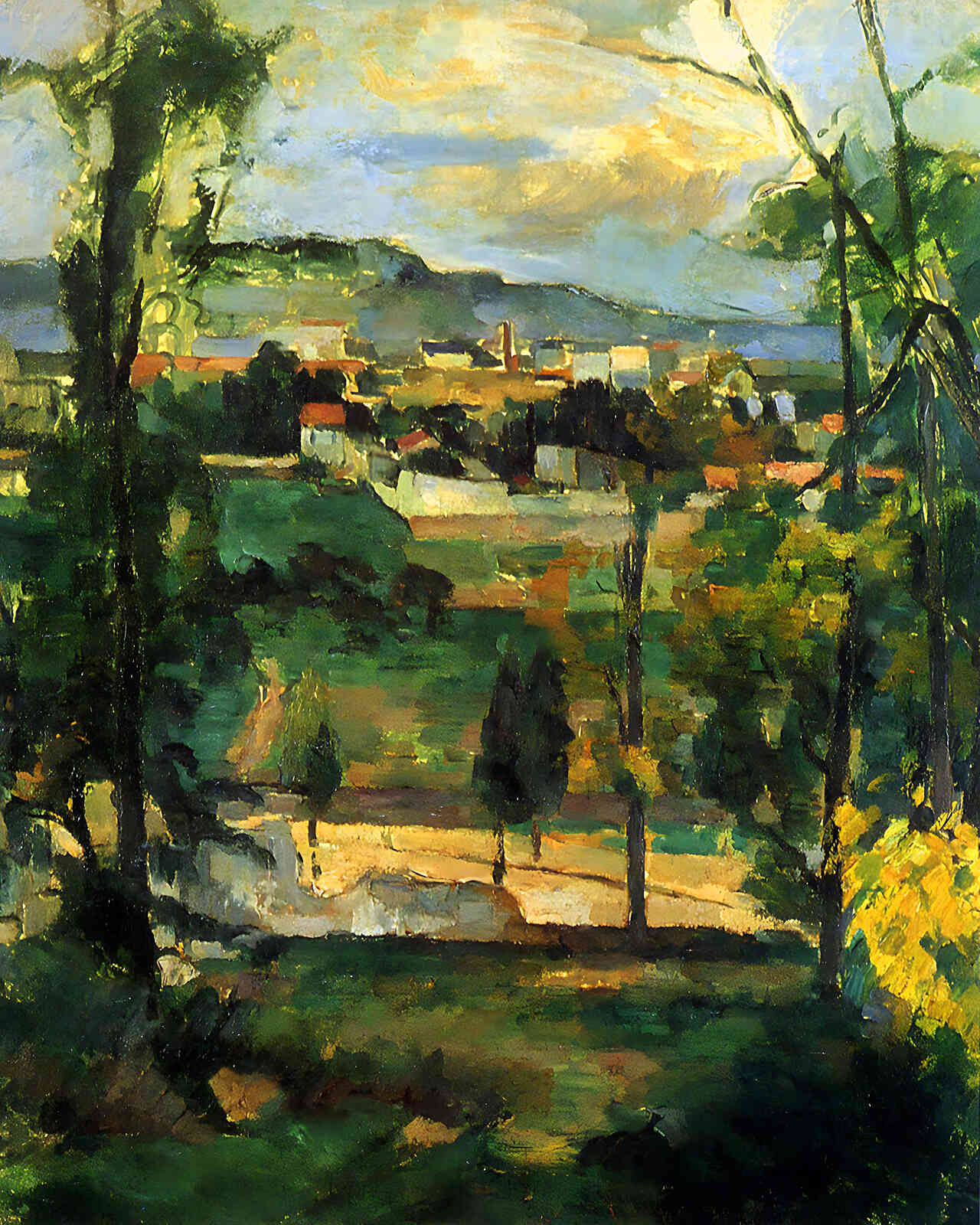 Village Behind Trees Painting by Paul Cezanne 8x10" Art Print - Restored