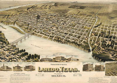 Vintage Aerial Map of Laredo, Texas Art Print (6 Sizes) - Bird's Eye View