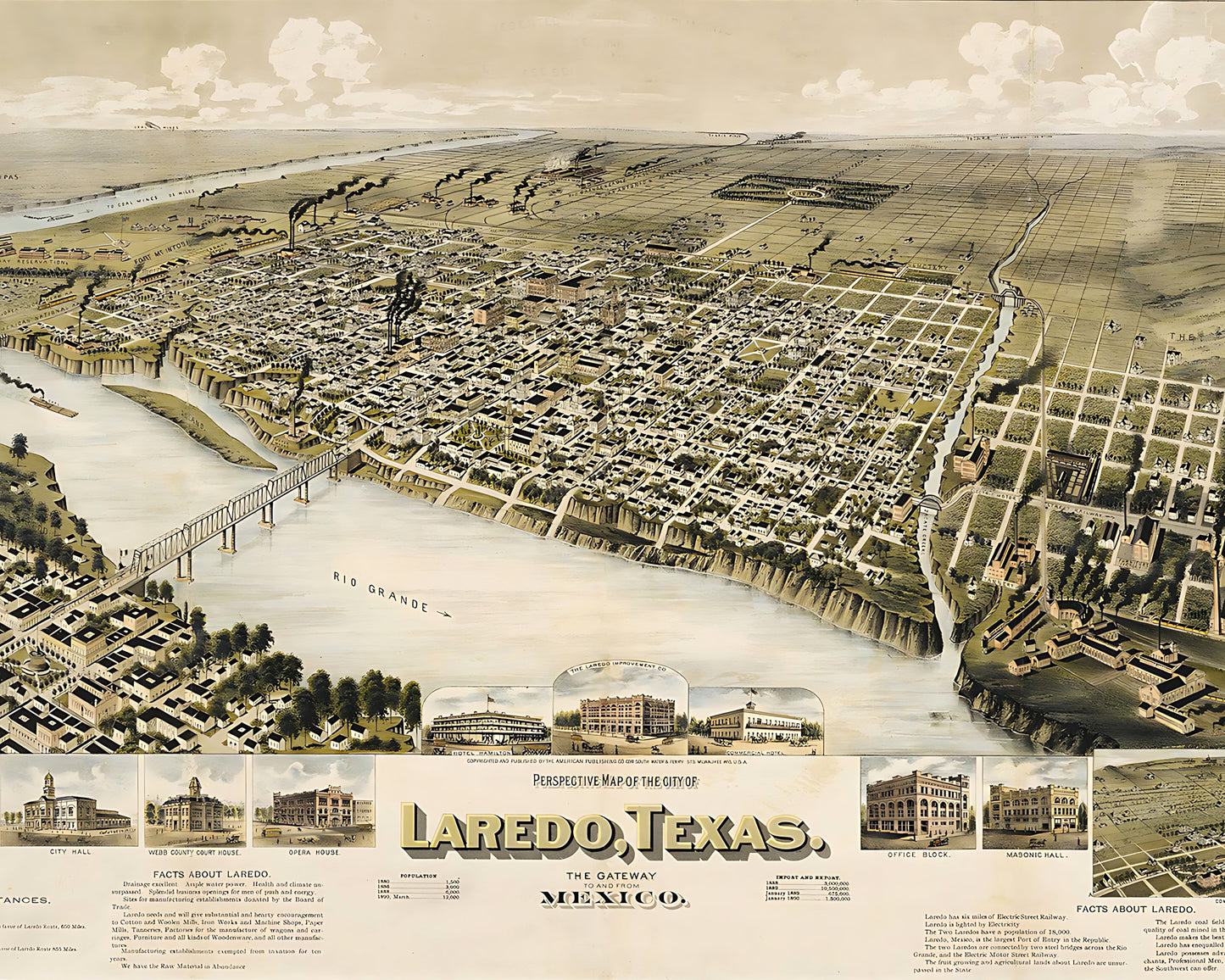 Vintage Aerial Map of Laredo, Texas 8x10" Art Print - Bird's Eye View
