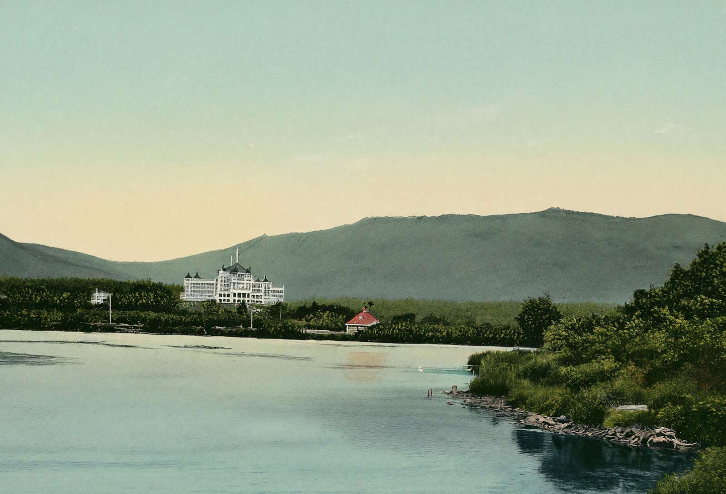 White Mountains Mount Washington Hotel from Lake Caroline in 1907 Vintage Print