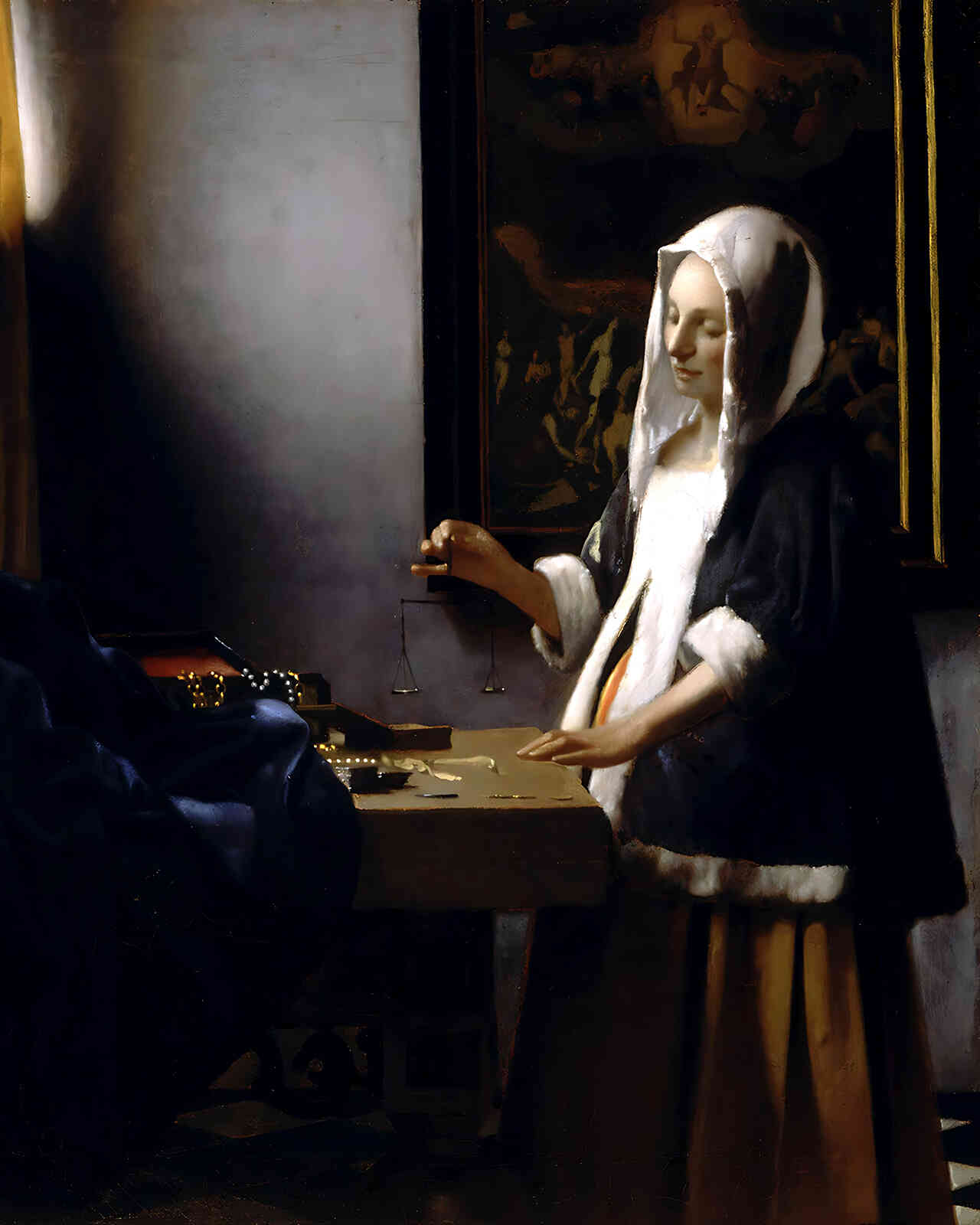 Woman Holding a Balance Painting by Johannes Vermeer 8x10" Art Print - Restored