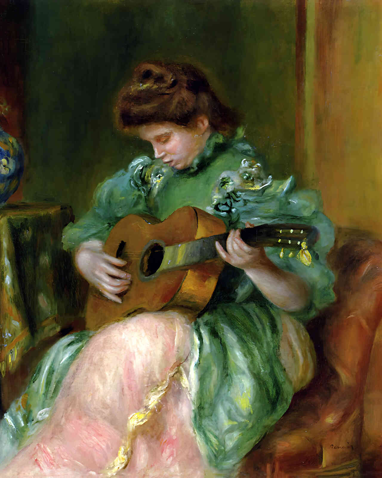 Woman with a Guitar Painting by Pierre-Auguste Renoir 8x10" Art Print - Restored