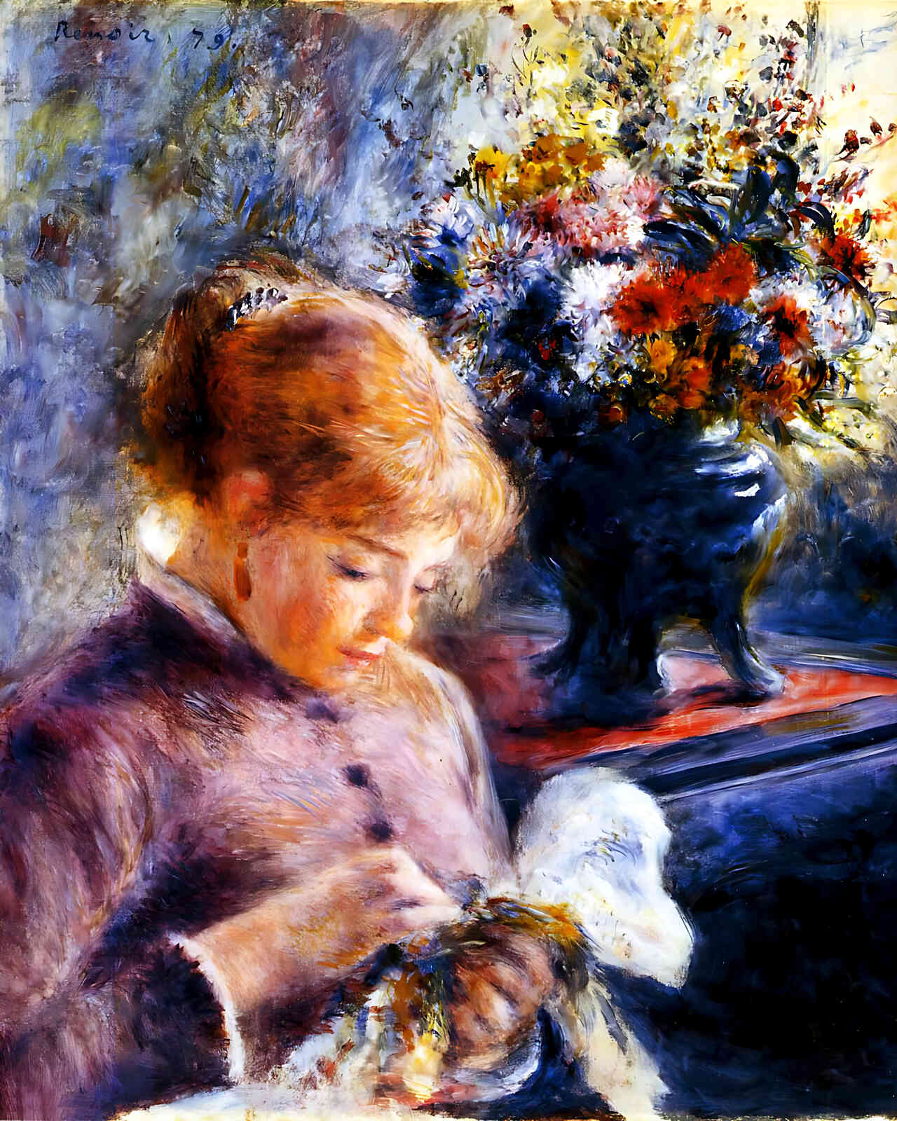 Young Woman Sewing Painting by Pierre-Auguste Renoir 8x10" Art Print - Restored