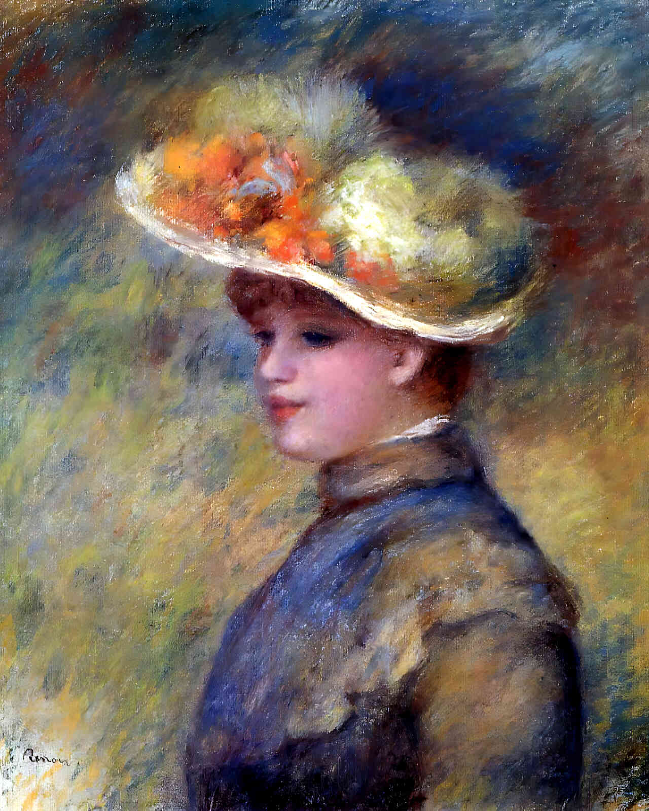 Young Woman Wearing a Hat Painting by Pierre-Auguste Renoir 8x10" Art Print
