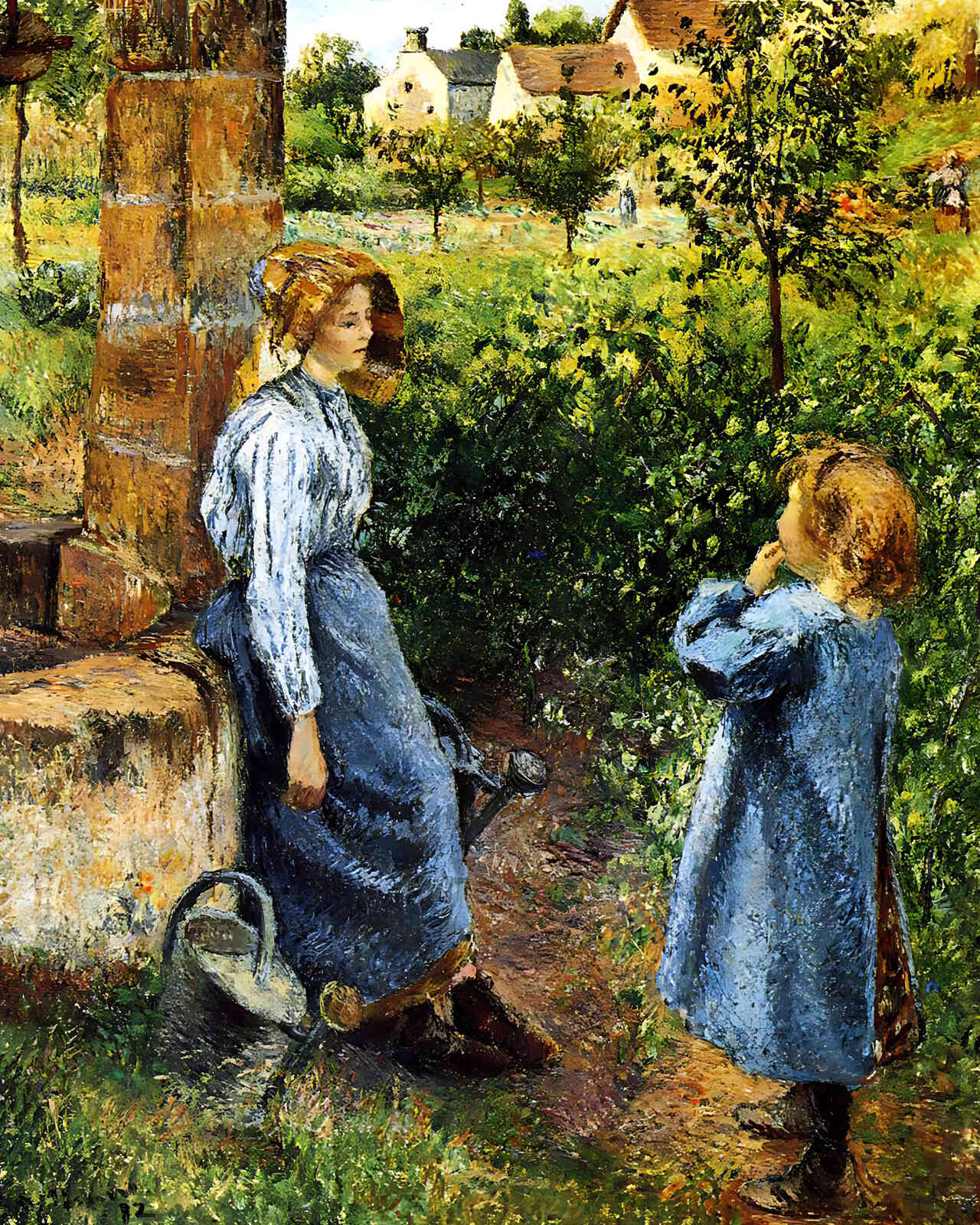 Young Woman and Child at the Well Painting by Camille Pissarro 8x10" Art Print