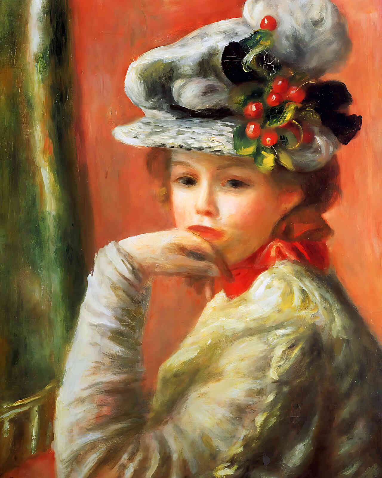 Young Girl in a White Hat Painting by Pierre-Auguste Renoir 8x10" Art Print
