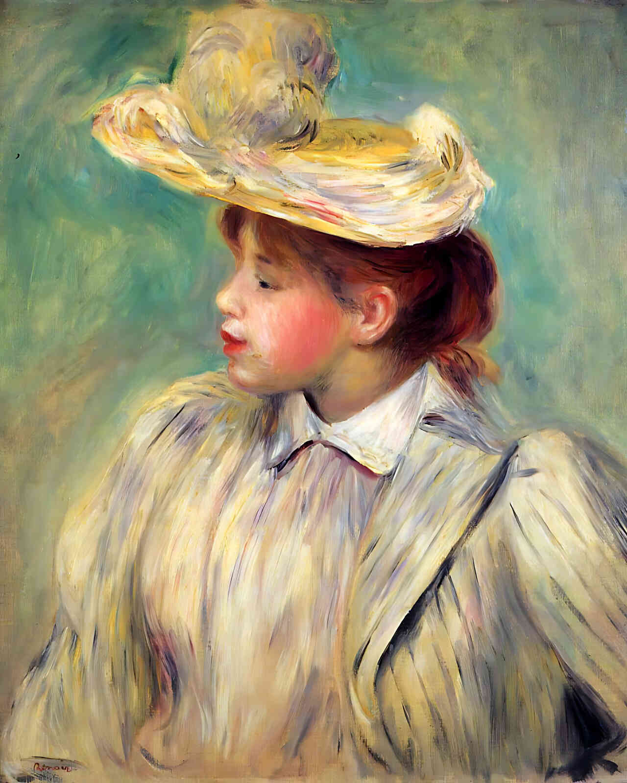 Young Woman in a Straw Hat Painting by Pierre-Auguste Renoir 8x10" Art Print