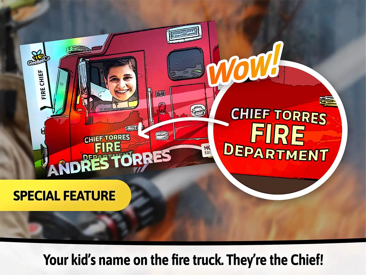Fire Chief Personalized Trading Card - Insert Your Child's Face Into a Fire Engine Truck Photo - Incredible Custom Gift for Kids