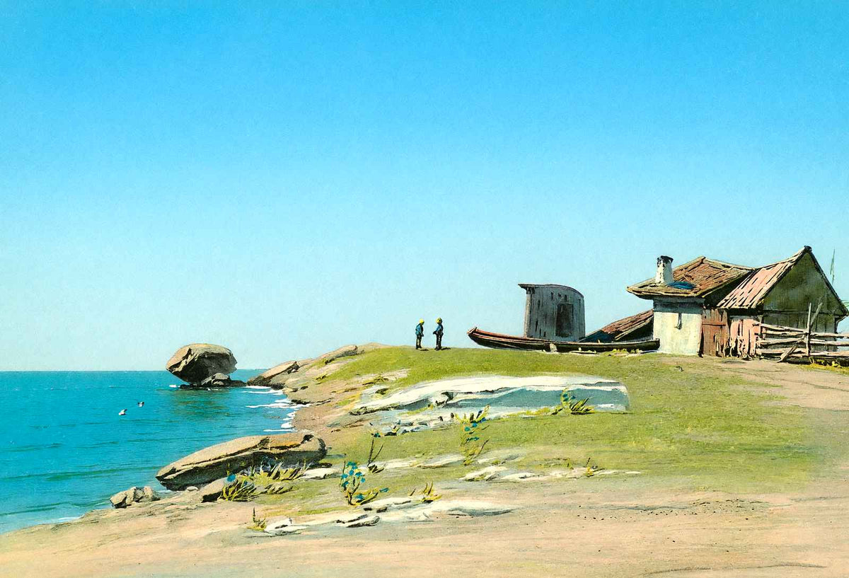 Boat by a Weathered House on the Coast, 1908 vintage print