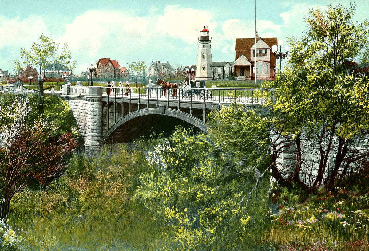 Lighthouse & Bridge, Lake Park, Milwaukee vintage print