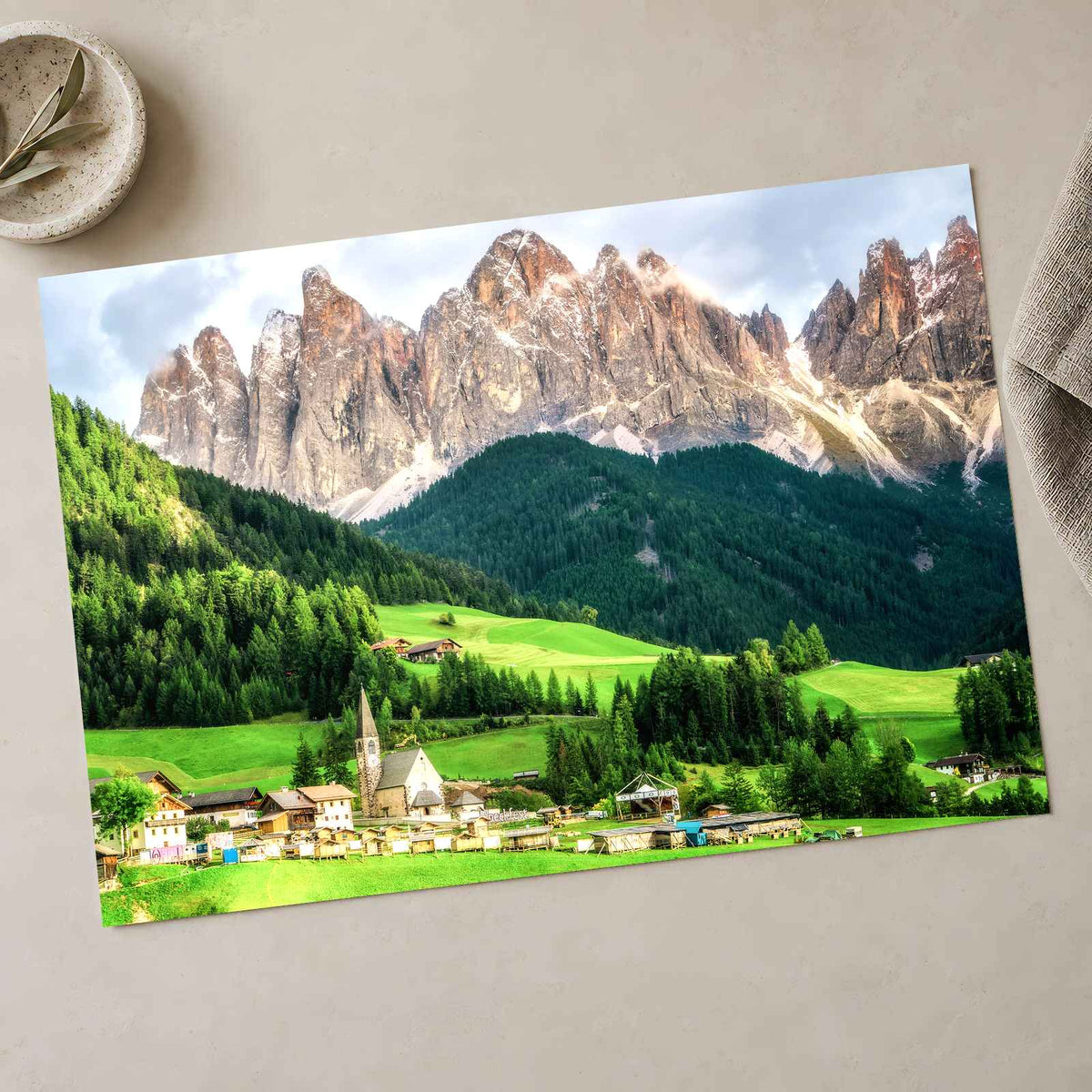 Village under Jagged Peaks in Dolomites Photo Print Wall Decor