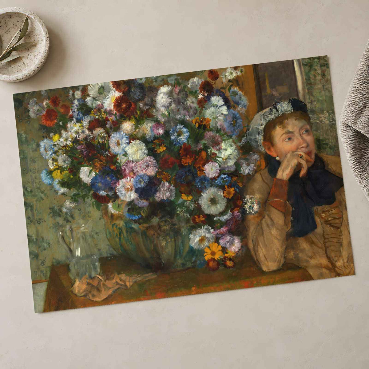 A Woman Seated Beside a Vase of Flowers fine art print by Edgar Degas (1865)