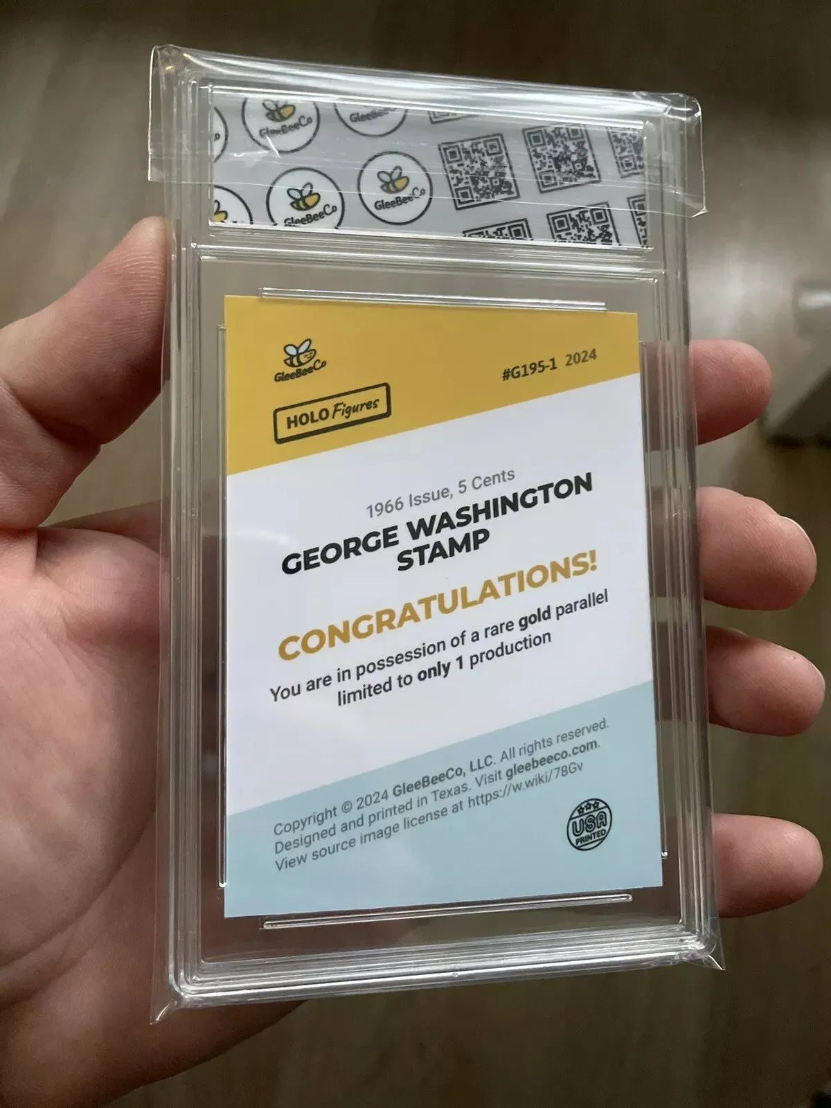 1/1 GleeBeeCo GEORGE WASHINGTON 5 cent Stamp Trading Card, Holo Gold *ONE MADE*