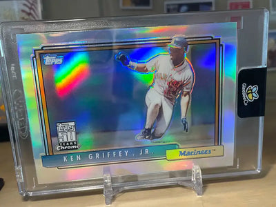 Encasing a Rare Ken Griffey Jr 2001 Chrome Refractor Baseball Card (1992 Topps Reprint)