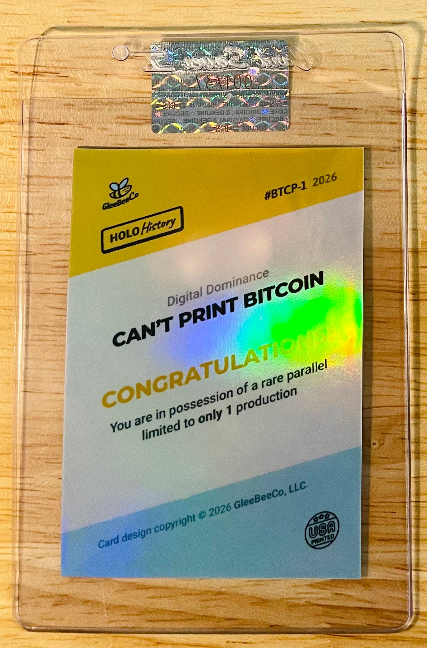 1/1 BITCOIN Card "Can't Print Bitcoin" Broken Glass 2026 GleeBeeCo Holo #BTCP-1