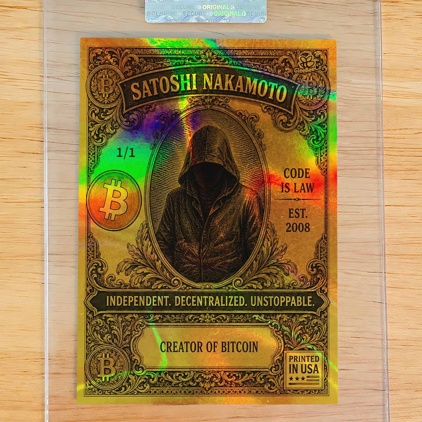 1/1 Satoshi Nakamoto Card Bitcoin "Bank Note" GleeBeeCo LIQUID GOLD Holo Assets