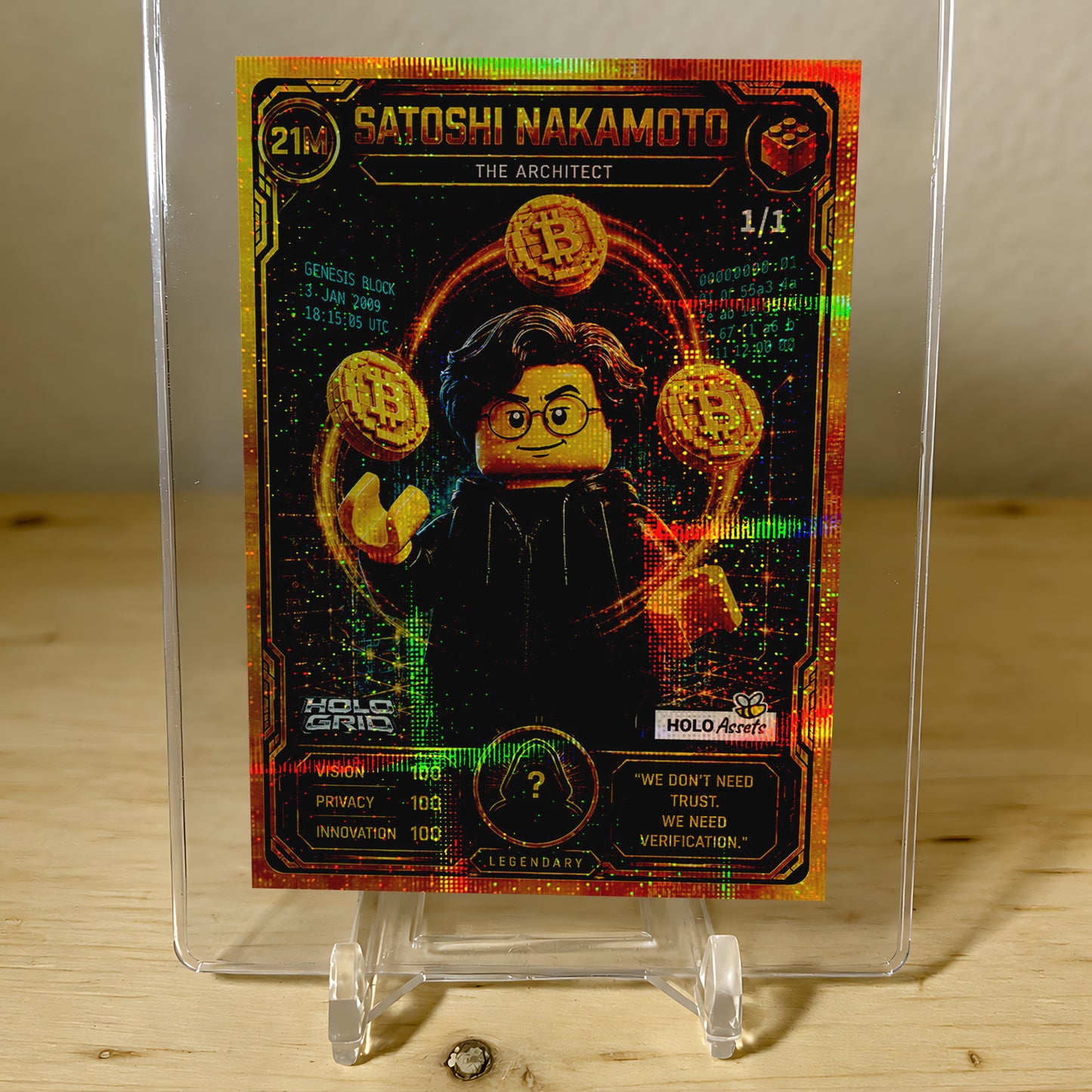 1/1 Satoshi Nakamoto BITCOIN Card Juggling Brick Figure 2026 GleeBeeCo Holo Grid